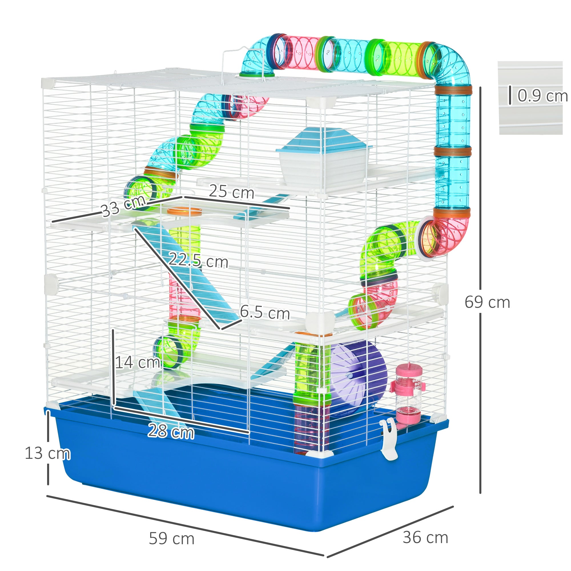 Large 5-Level Hamster Cage with Tunnel Tube, Exercise Wheel & Water Bottle - Blue