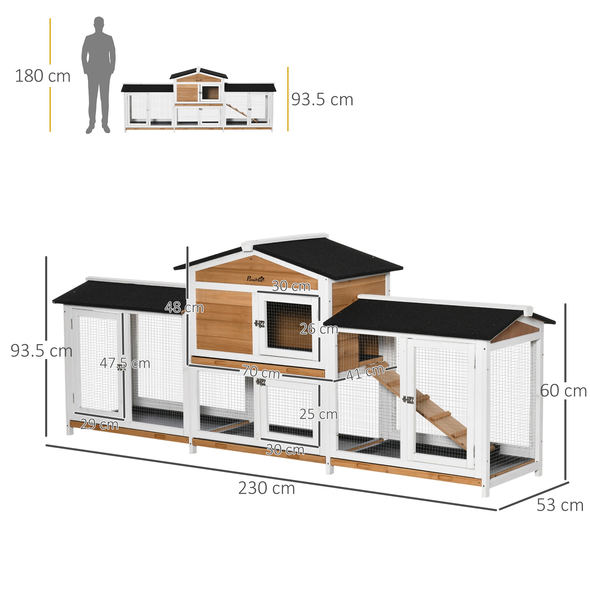 2 Tier Wooden Rabbit Hutch, Guinea Pig Cage, Bunny Run, Small Animal House with Double Side Run Boxes, Slide-out Tray, Ramp, 230 x 53 x 93.5cm