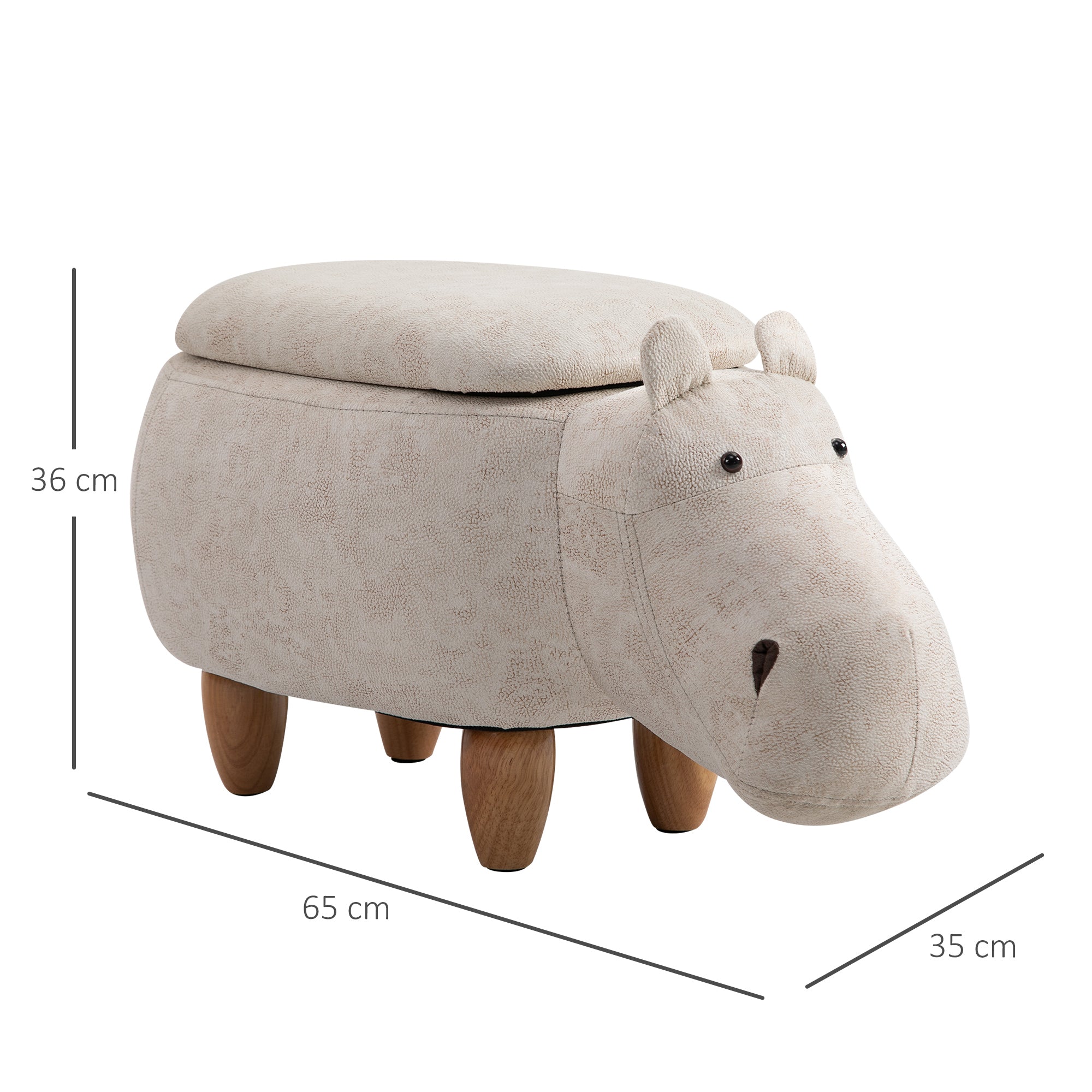 Hippo Storage Stool Cute Decoration Footrest Wood Frame Legs with Padding Lid Ottoman Animal Furniture Cream 36 x 65cm