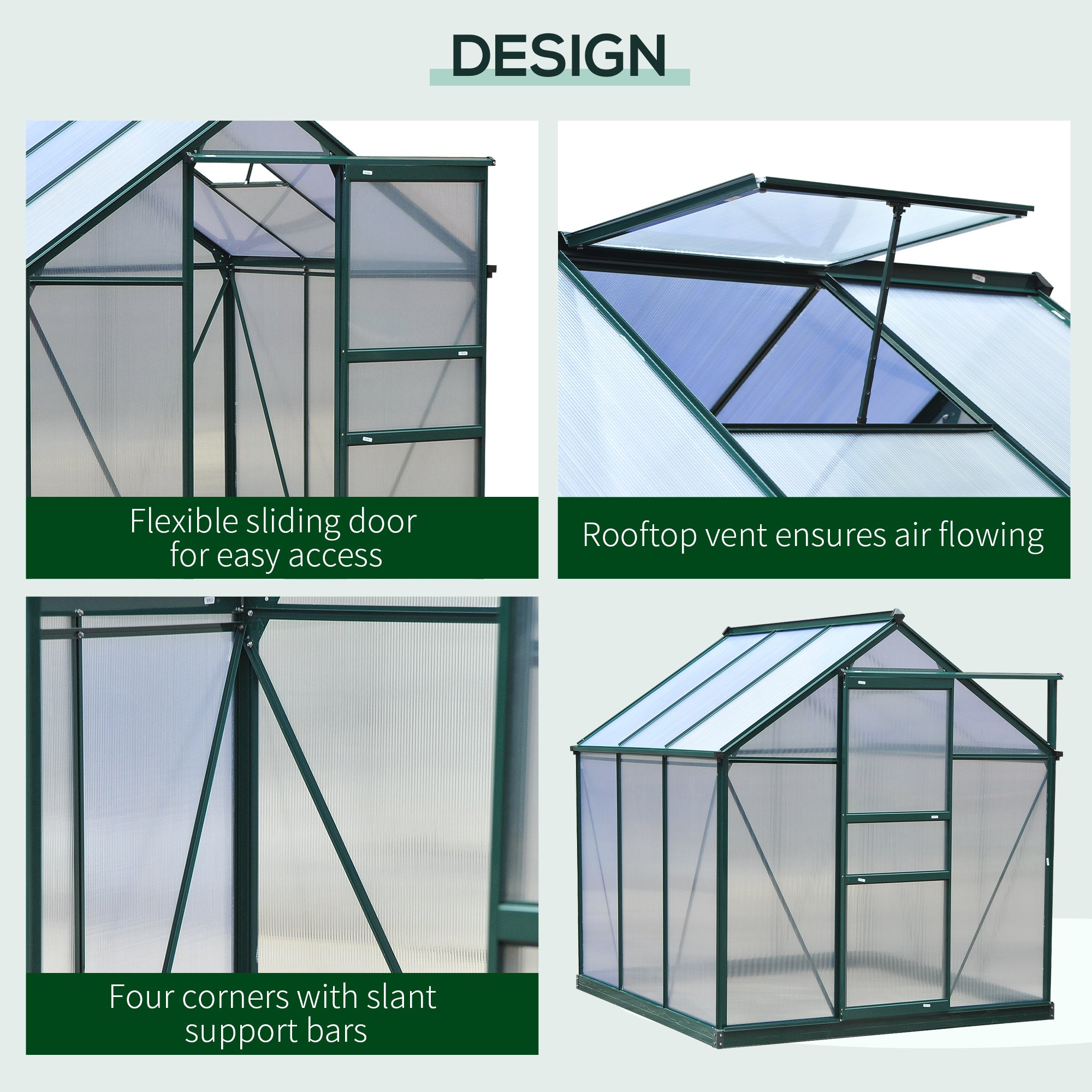 Large Walk-In Greenhouse Polycarbonate Garden Greenhouse Plants Grow Galvanized Base Aluminium Frame w/ Slide Door, 6 x 6 ft