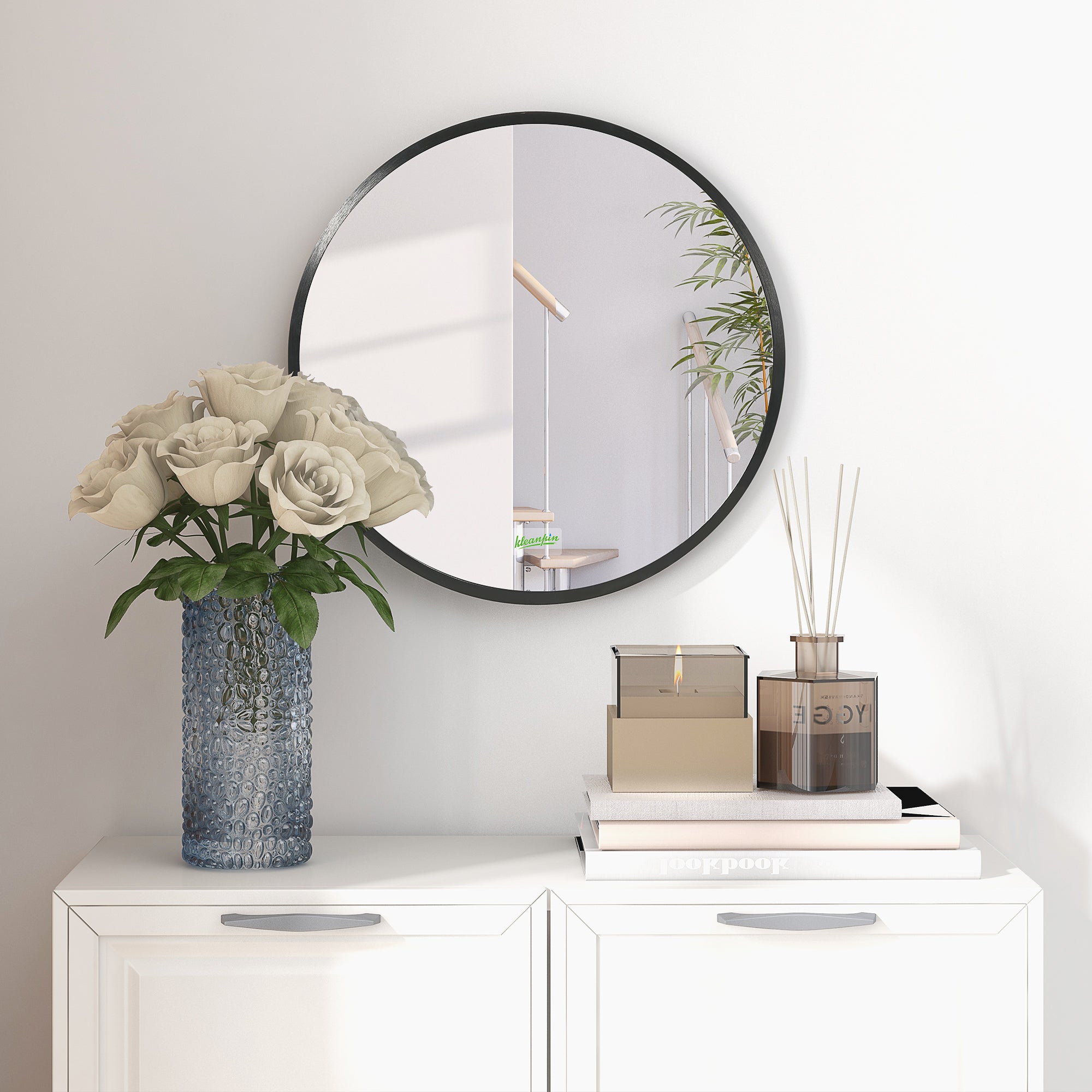 Round Bathroom Mirror, Modern Wall-mounted Makeup Mirror with Aluminium Frame for Washroom Living Room, Black, 40x40 cm