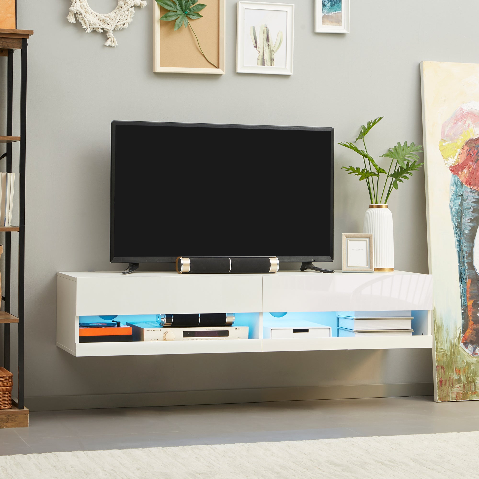 Wall Mounted TV Unit Cabinet for TVs up to 65" with LED Lights, 150 x 40 x 30cm, High Gloss White