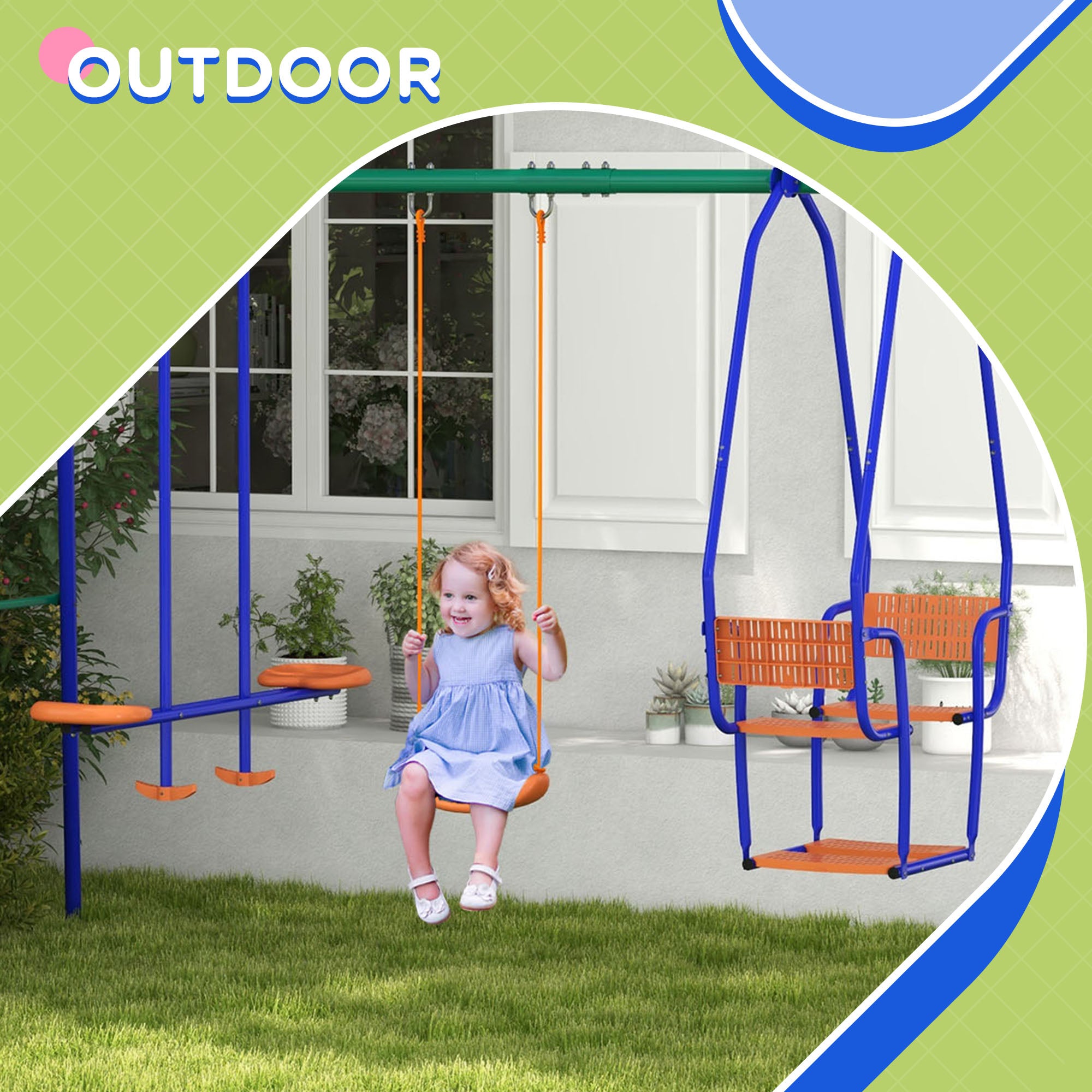 3 in 1 Metal Kids Swing Set with Swing Glider Rocking Chair Orange