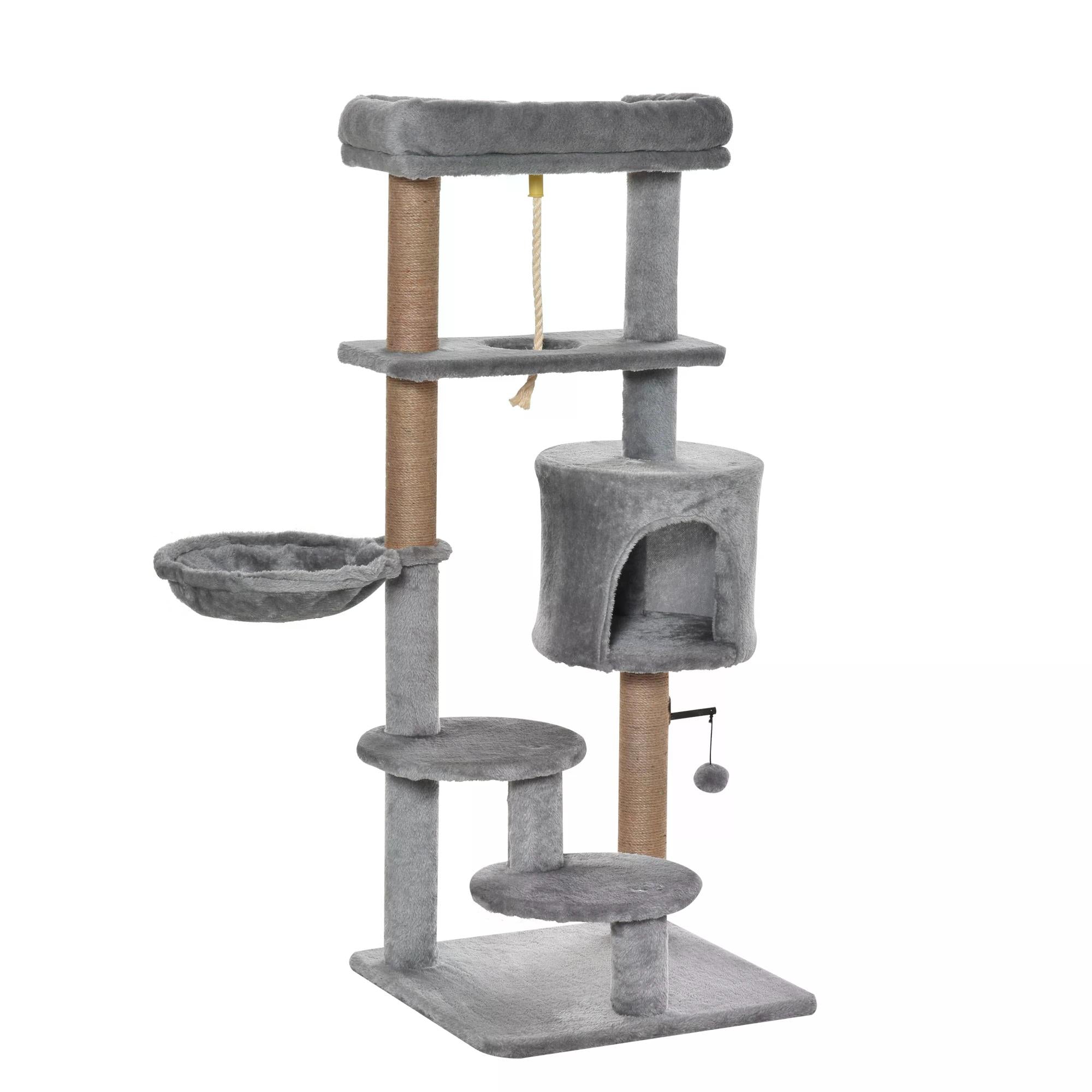 Cat Tree Cat Scratching Post 120cm with Jute Scratching Post Perch Hanging Ball Hammock Teasing Rope Condo Toy Light Grey