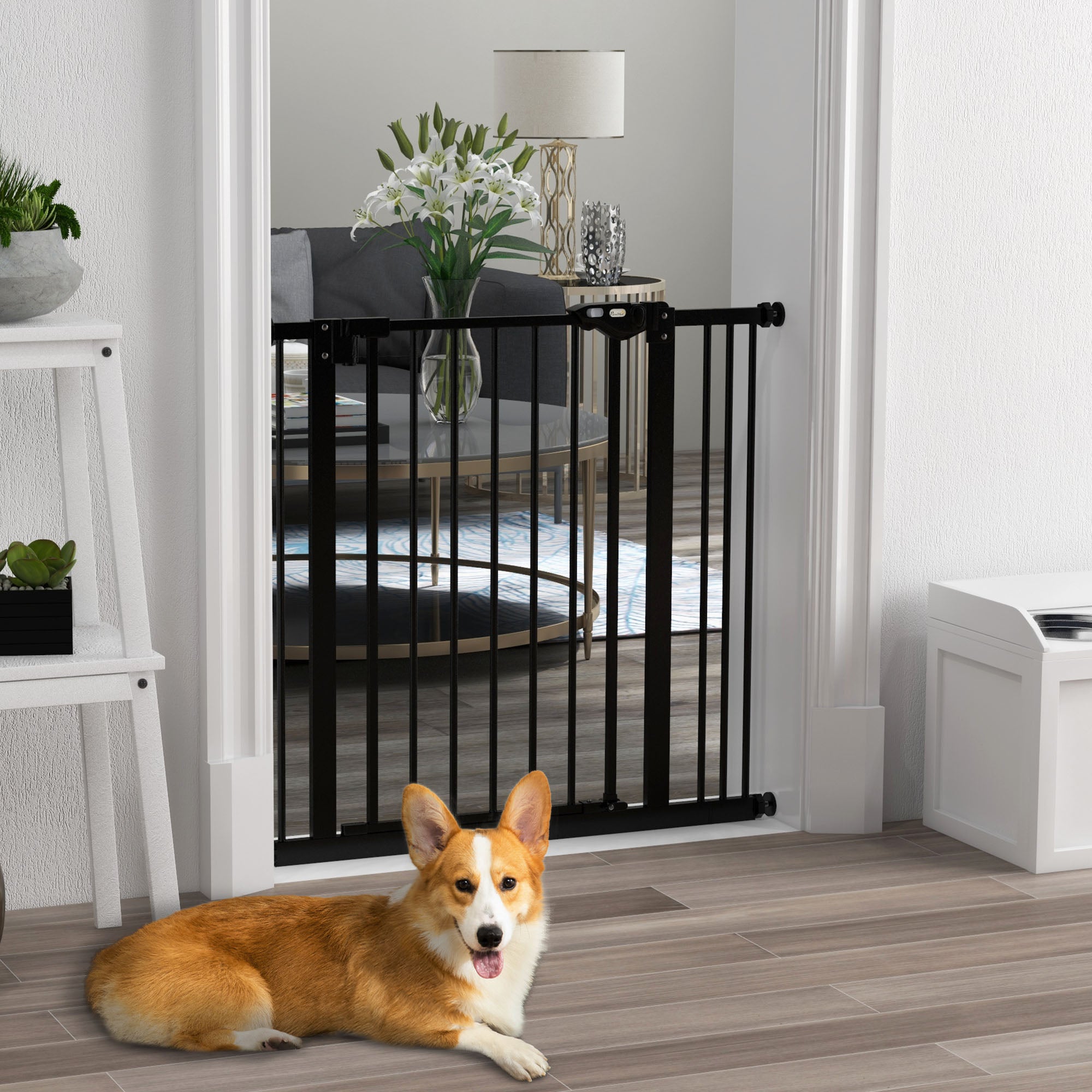 Metal 74-87cm Wide Adjustable Dog Gate Black