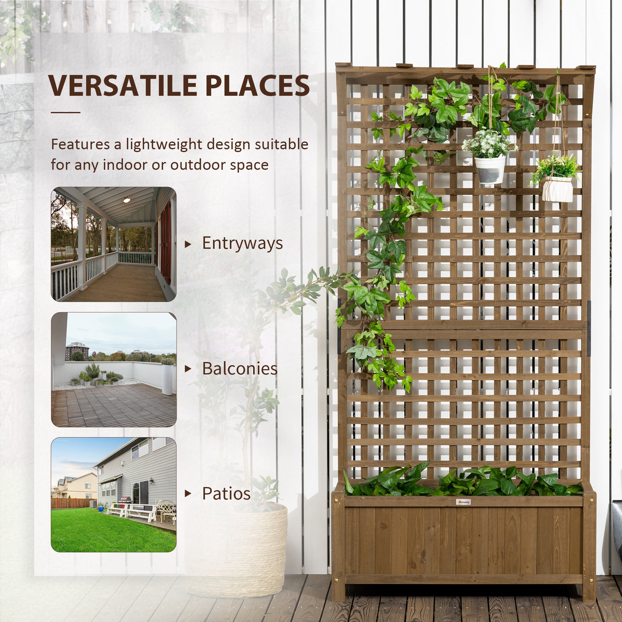 2 Pcs Raised Bed with Drainage Holes, Wood Planter with Trellis for Climbing Plants to Grow Vegetables, Flowers, Brown