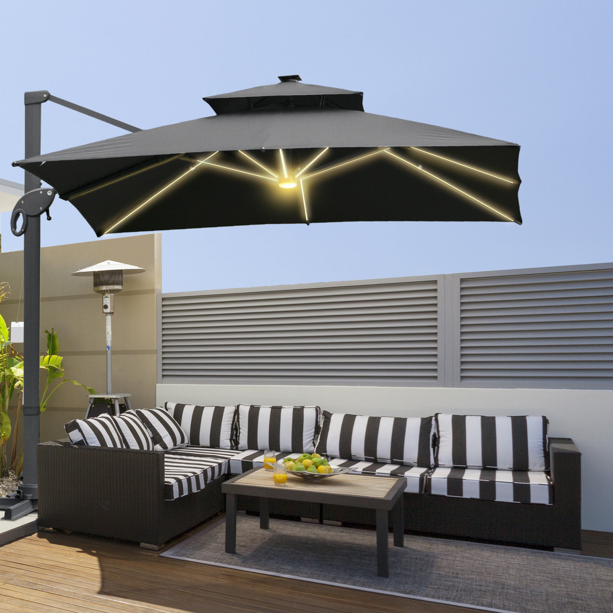 3 x 3(m) Cantilever Roma Parasol Garden Sun Umbrella Outdoor Patio with LED Solar Light Cross Base 360° Rotating for Backyard Dark Gray