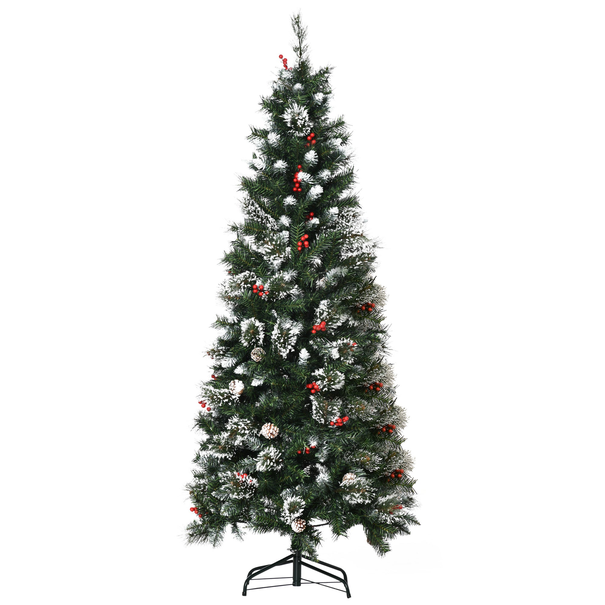 6 Foot Snow Dipped Artificial Christmas Tree Slim Pencil Xmas Tree with 588 Realistic Branches, Pine Cones, Red Berries, Auto Open, Green