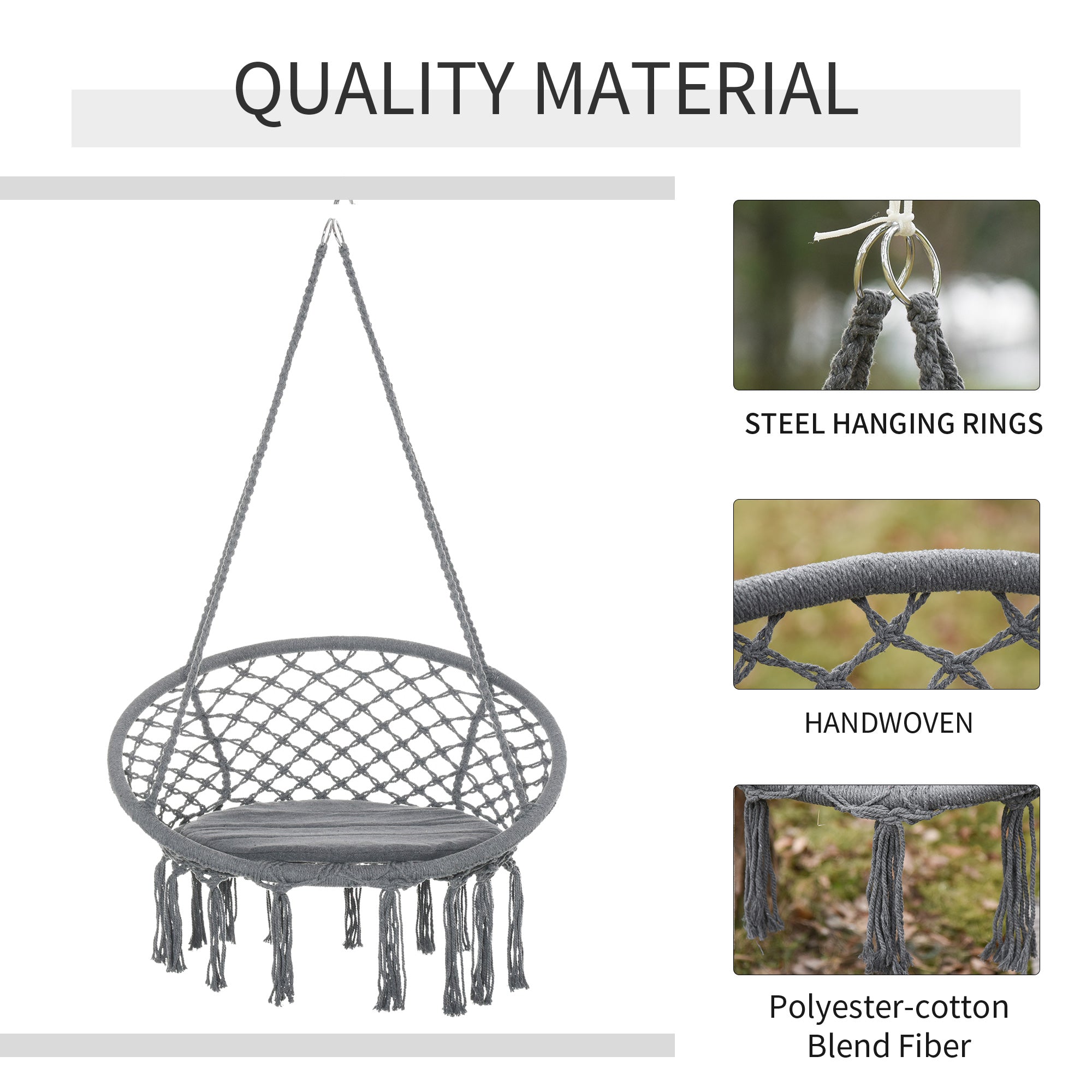 Cotton-Polyester Blend Macrame Hanging Chair Swing Hammock for Indoor & Outdoor Use with Backrest, Fringe Tassels, Grey