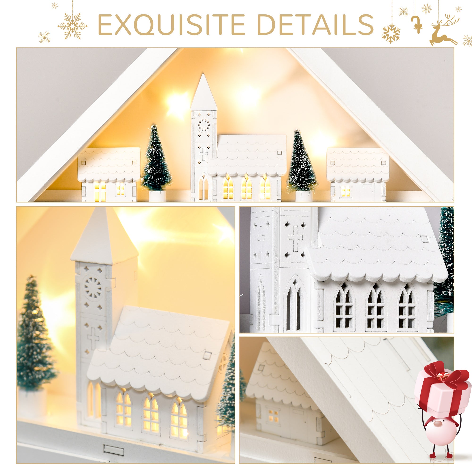 Christmas Advent Calendar, Light Up Table Xmas Wooden House Holiday Decoration with Countdown Drawer, Village, for kids Adults, White