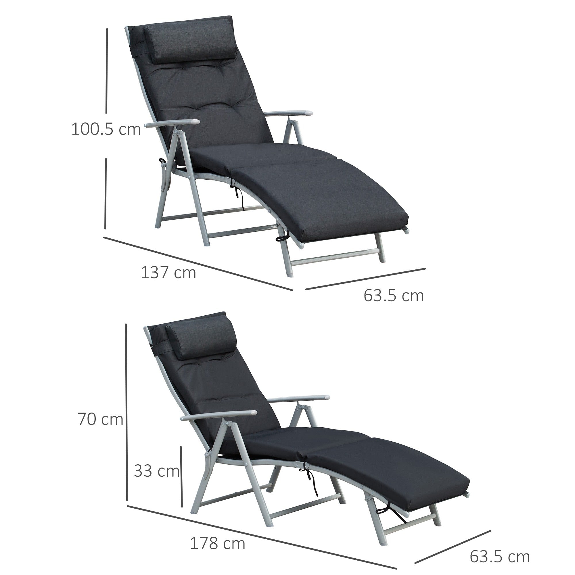 Outdoor Patio Sun Lounger Garden Texteline Foldable Reclining Chair Pillow Adjustable Recliner with Cushion - Black