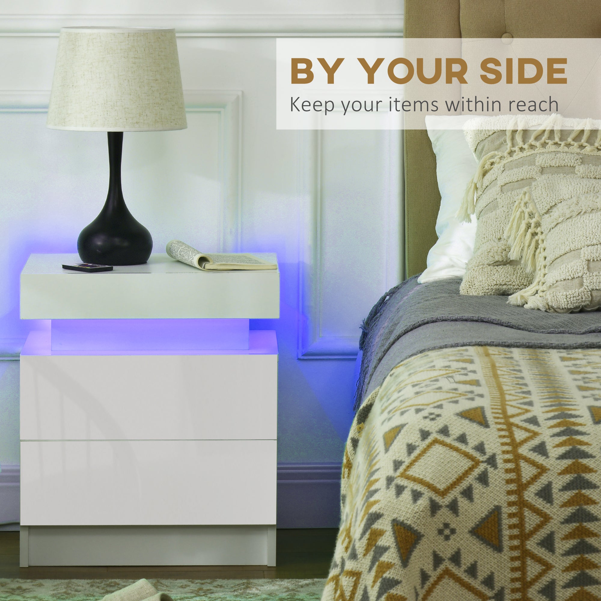 White Bedside Table with LED Light, High Gloss Front Nightstand with 2 Drawers, for Living Room, Bedroom