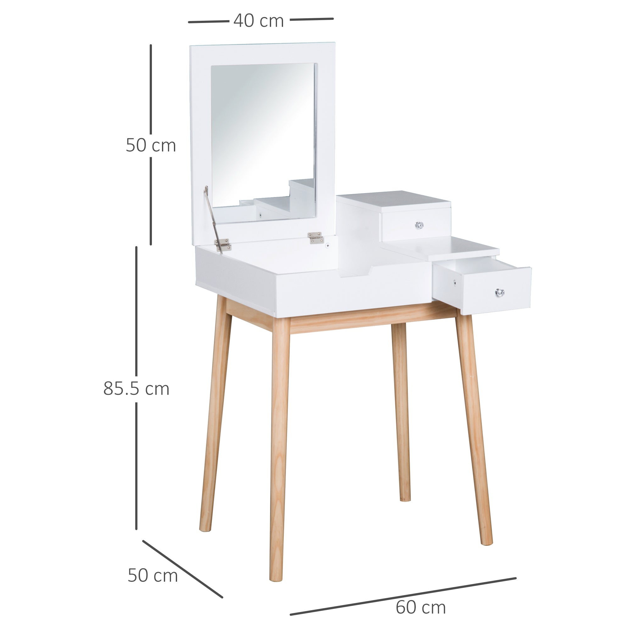 MDF,Pine Dressing Table Desk Flip-up Mirror Multi-purpose 2 Drawers Modern - White