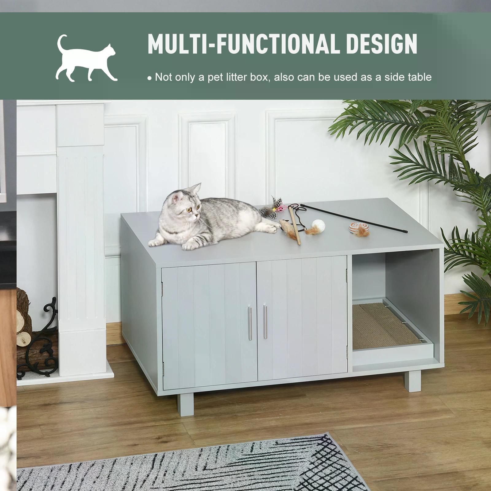 Wooden Cat Litter Box Enclosure & House with Nightstand/End Table Design, Scratcher, & Magnetic Doors, Grey