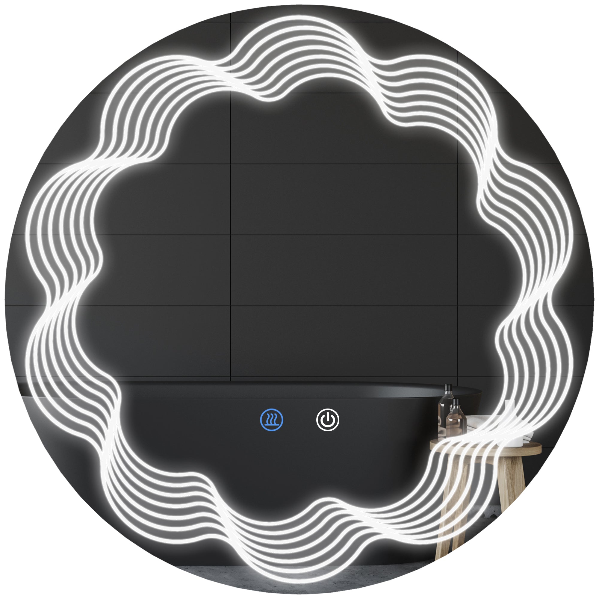 Round Illuminated Bathroom Mirrors w/ LED Dimming Lighted , Wall Mounted Vanity Mirror w/ 3 Colour, Smart Touch, Anti-Fog, 60cm