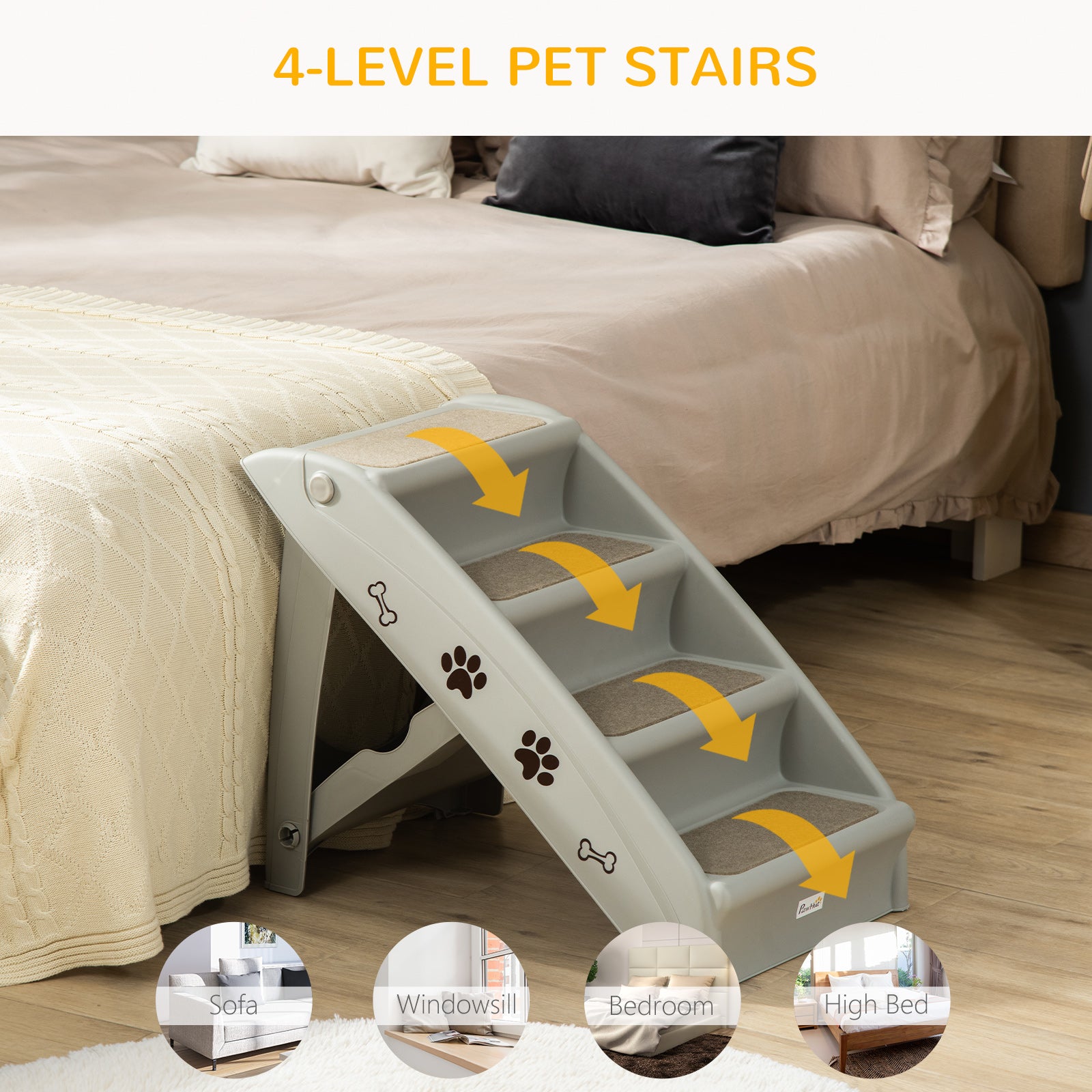 Foldable Pet Stairs, 4-Step for Cats Small Dogs with Non-slip Mats, 62 x 38 x 49.5 cm, Grey