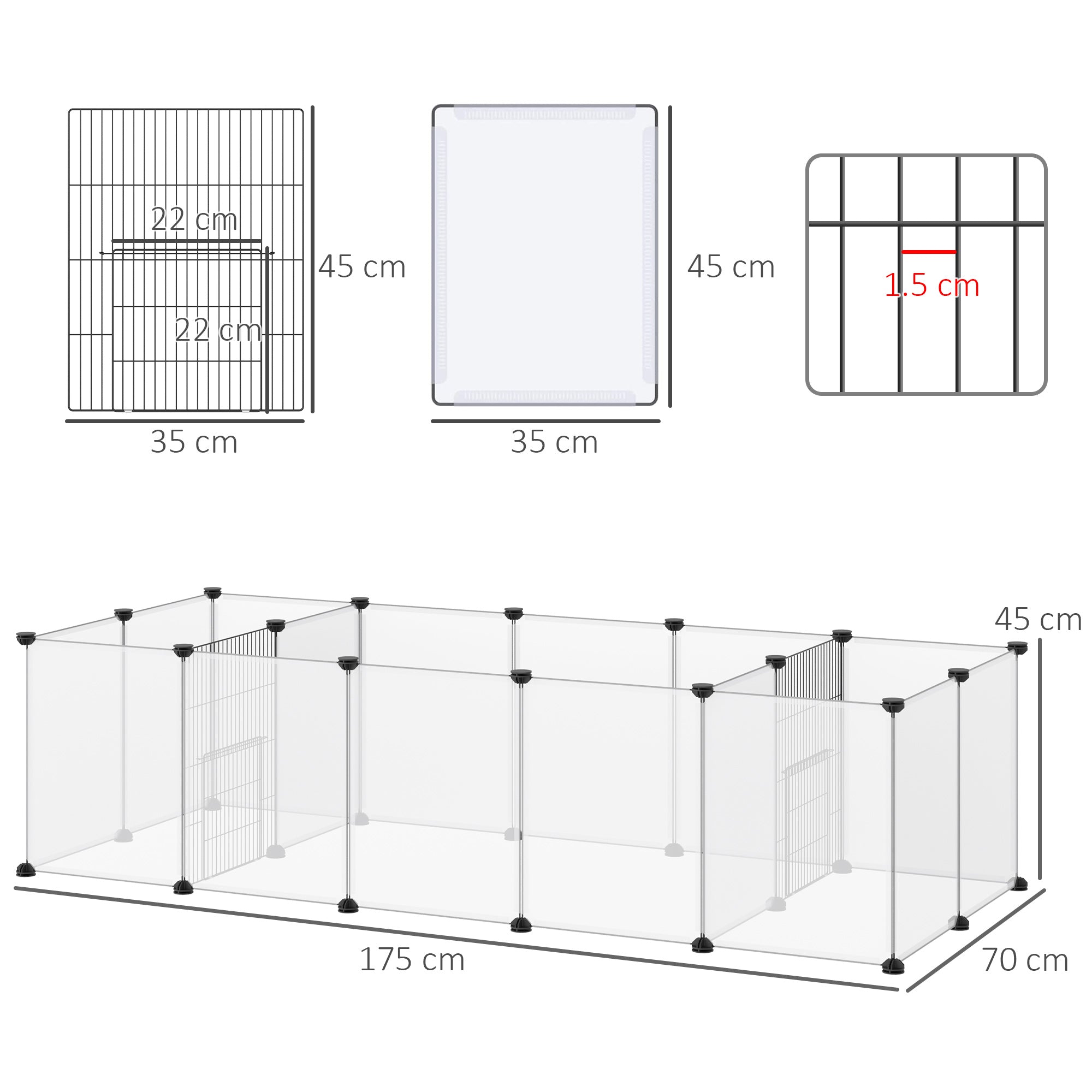 Pet Playpen DIY Small Animal Cage 18 Panels Portable Metal Wire Yard Fence for Guinea Pigs Hedgehogs, 175 x 70 x 45 cm, White