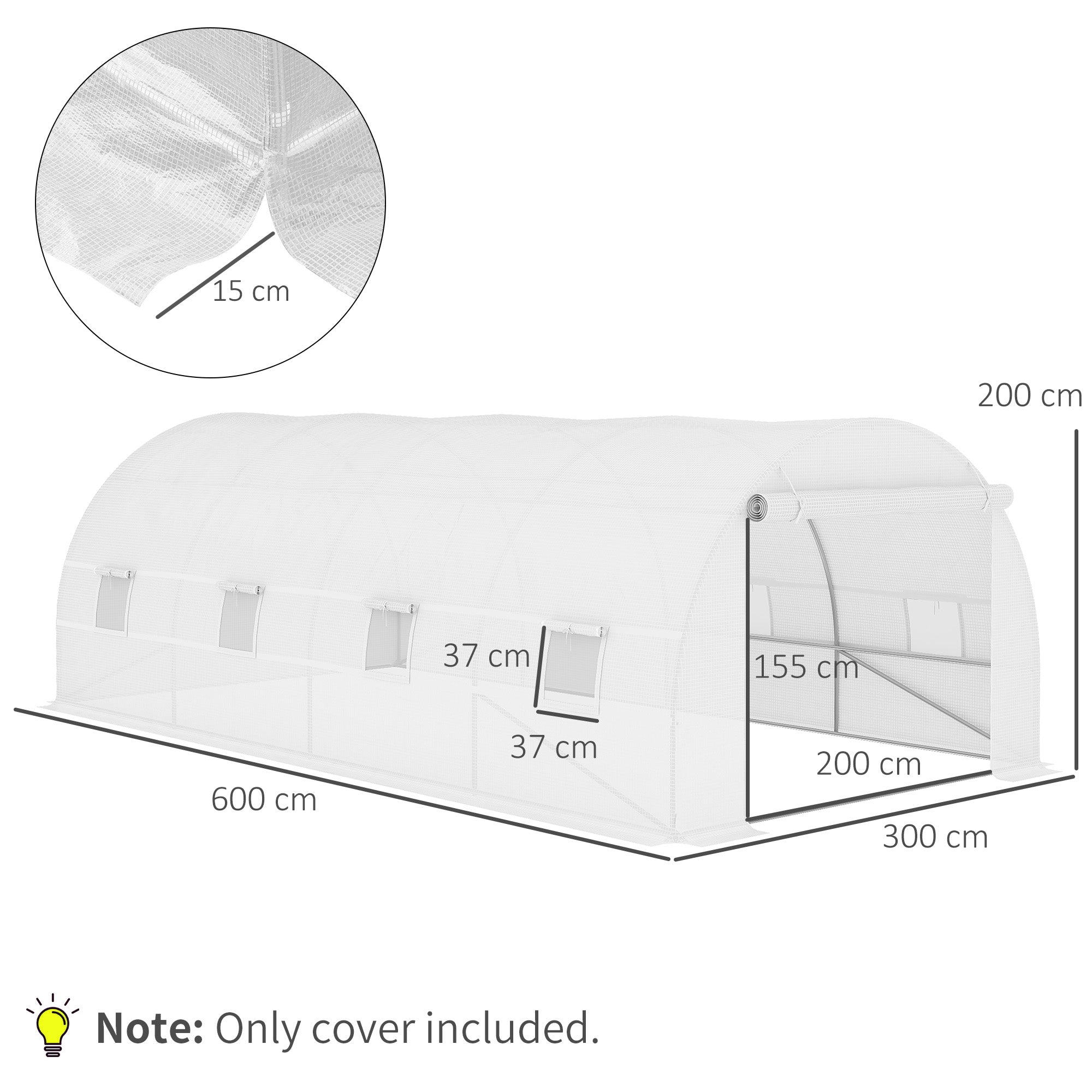 Greenhouse Replacement Cover ONLY Winter Garden Plant PE Cover with Roll-up Windows Door, 6 x 3 x 2m White