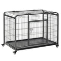 Heavy Duty Foldable Dog Crate with Double Doors, Removable Tray & Lockable Wheels - Dark Grey