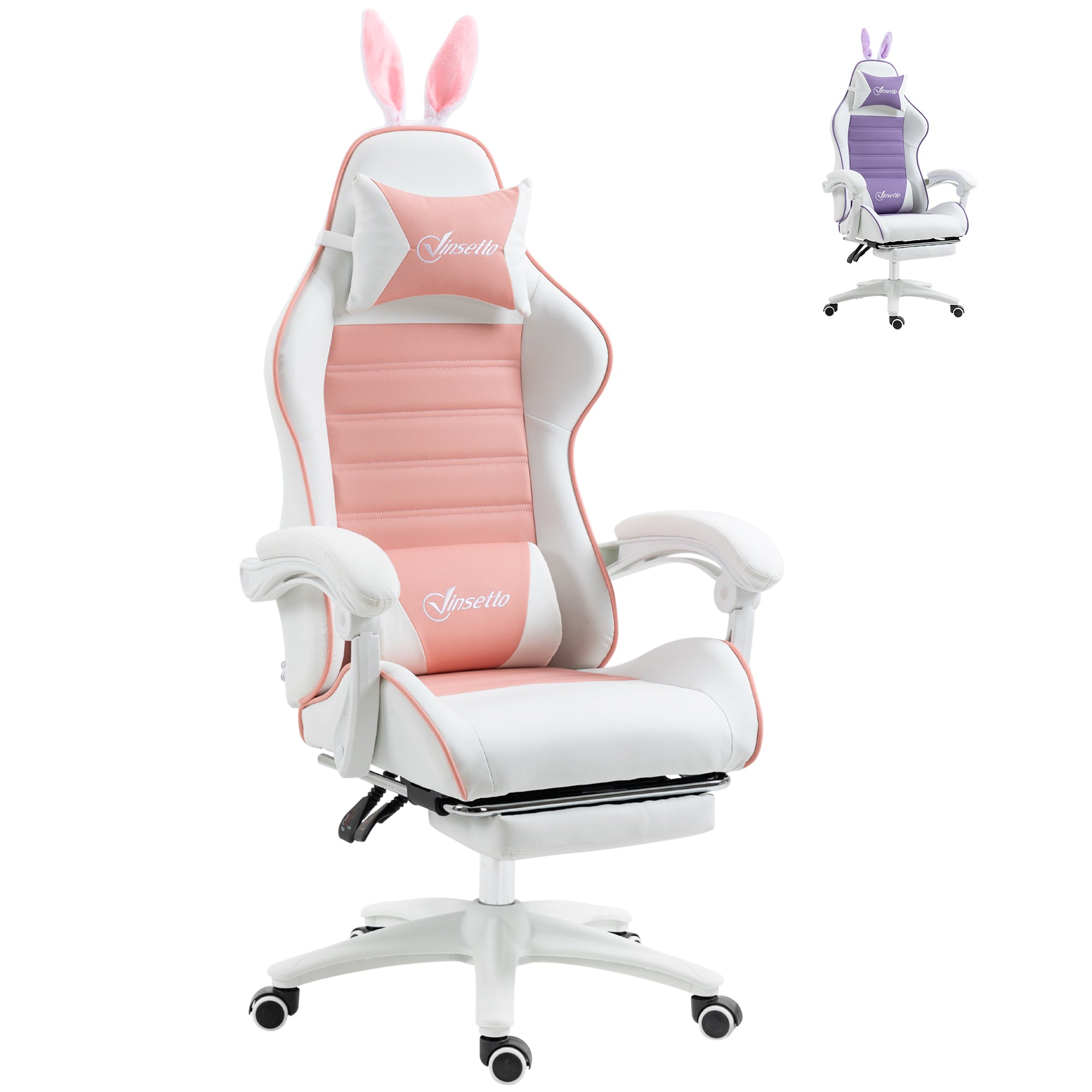 Racing Gaming Chair, Reclining PU Leather Computer Chair with Removable Rabbit Ears, Footrest, Headrest and Lumber Support, Pink