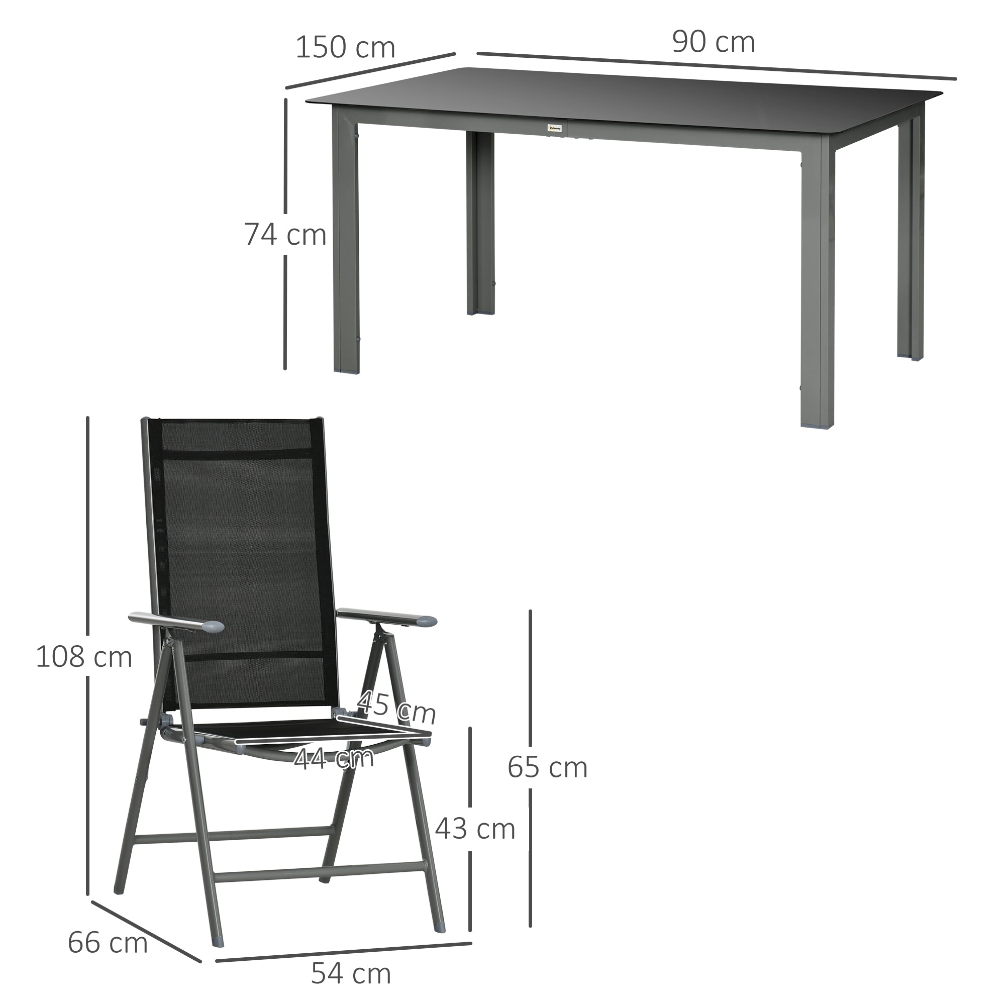 7 Piece Garden Dining Set, Outdoor Table and 6 Folding and Reclining Chairs, Aluminium Frame, Tempered Glass Top Table Texteline Seats Black