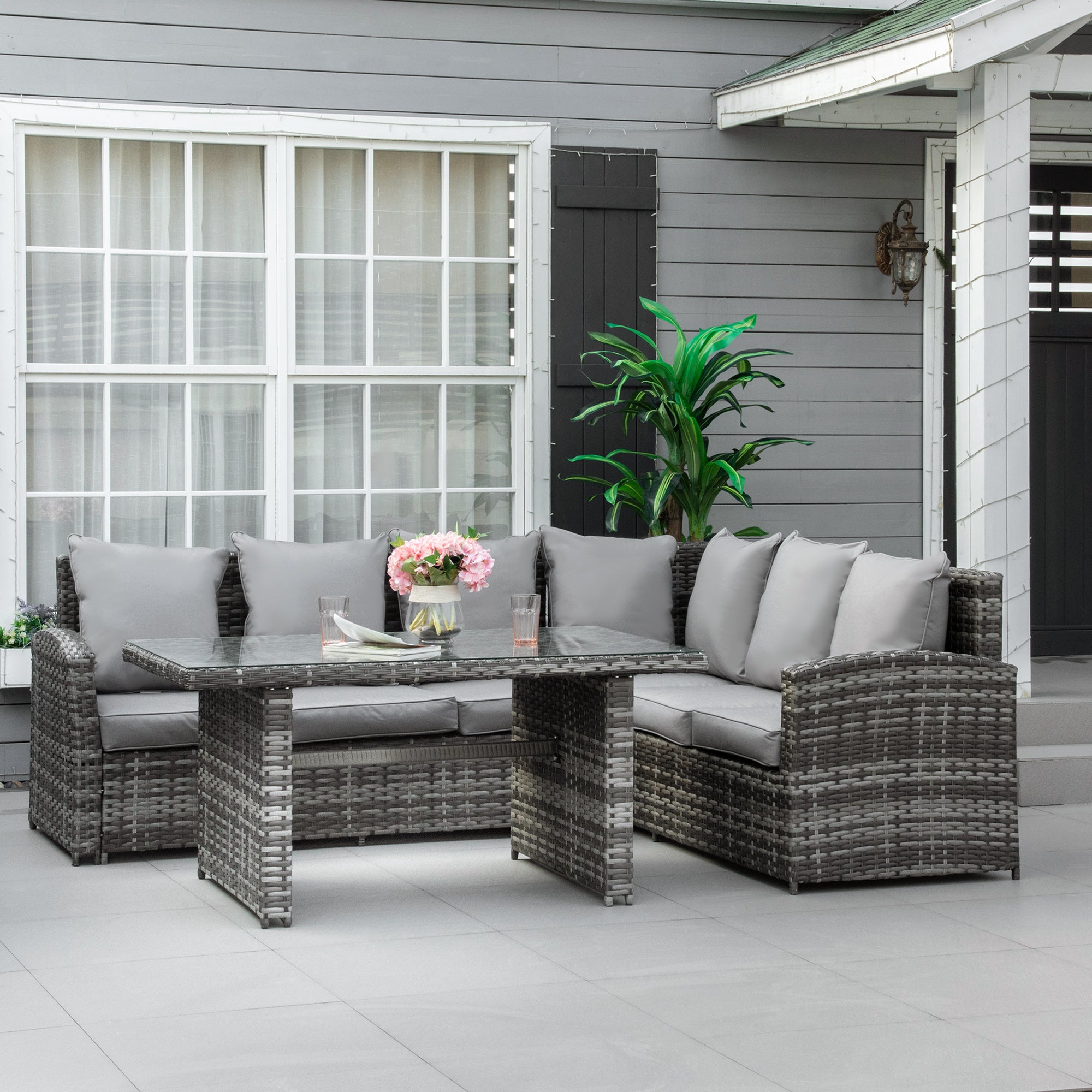 6-Seater PE Rattan Corner Dining Set Outdoor Garden Patio Sofa Table Furniture Set w/ Cushions, Grey