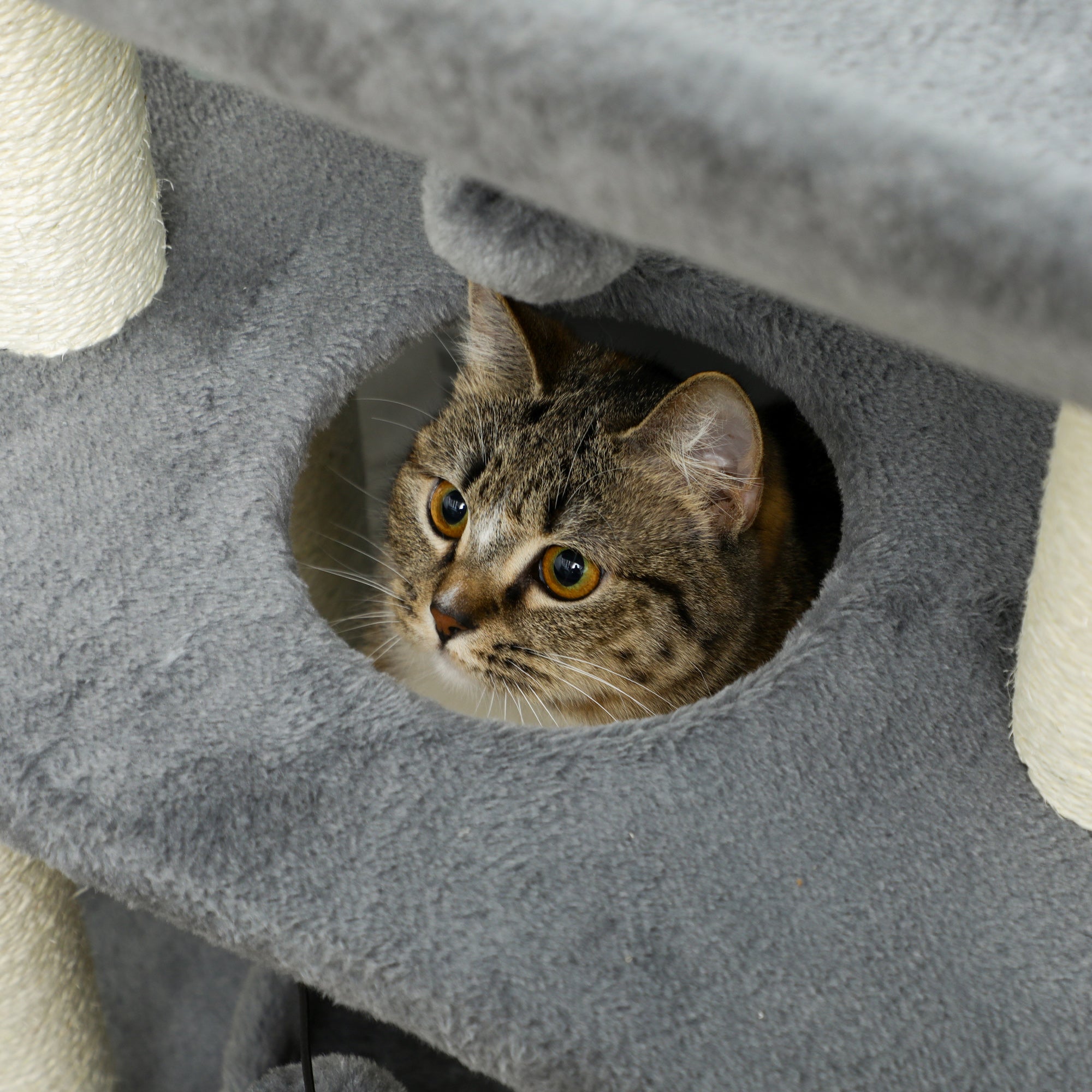 Cat Tree Tower, with Scratching Posts, Pad, Bed, Perch, Toy Ball, Light Grey