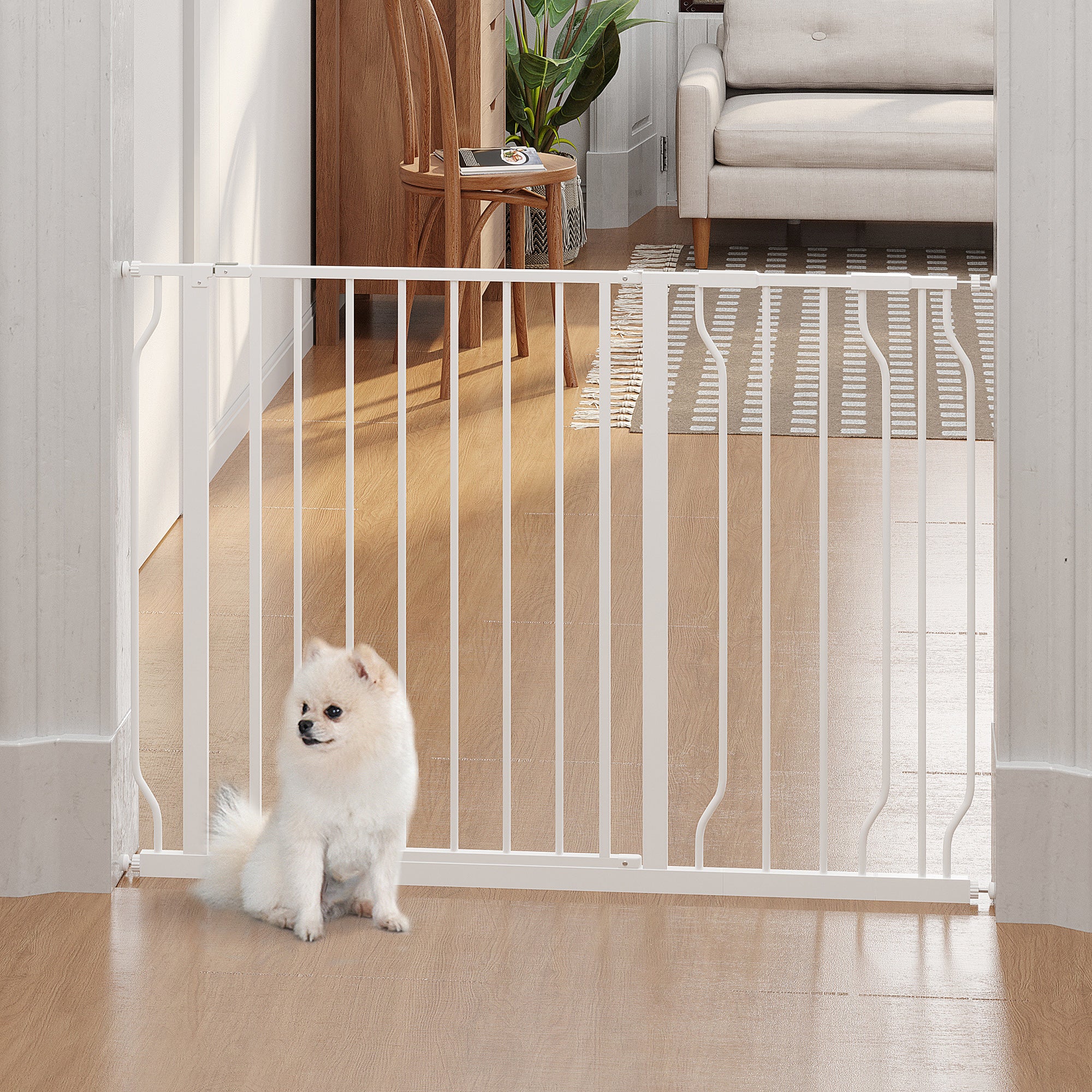 Expandable Dog Gate with Door pressure,75-115cm Doorway Pet Barrier Fence for Hallways, Staircases, White