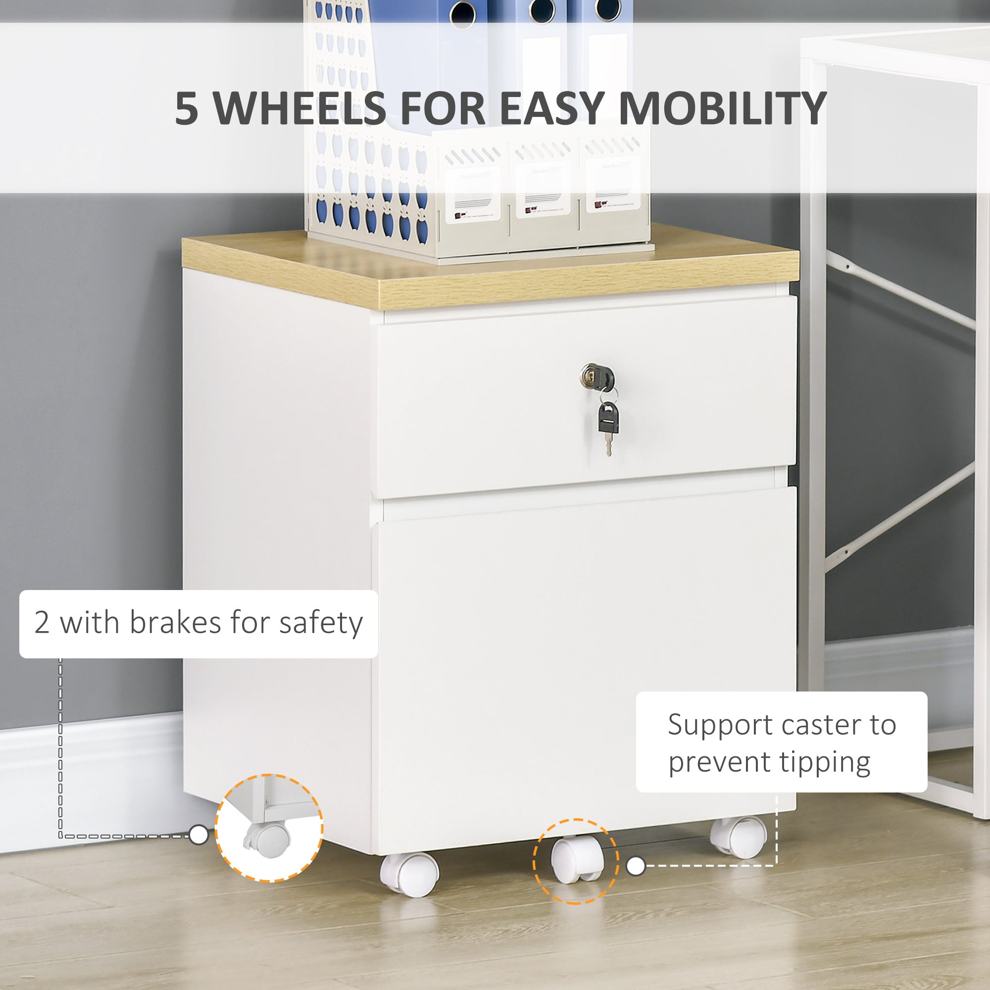 2-Drawer Filing Cabinet with Lock, Mobile File Cabinet with Hanging Bars for A4 Size and Wheels, Home Office Study, White