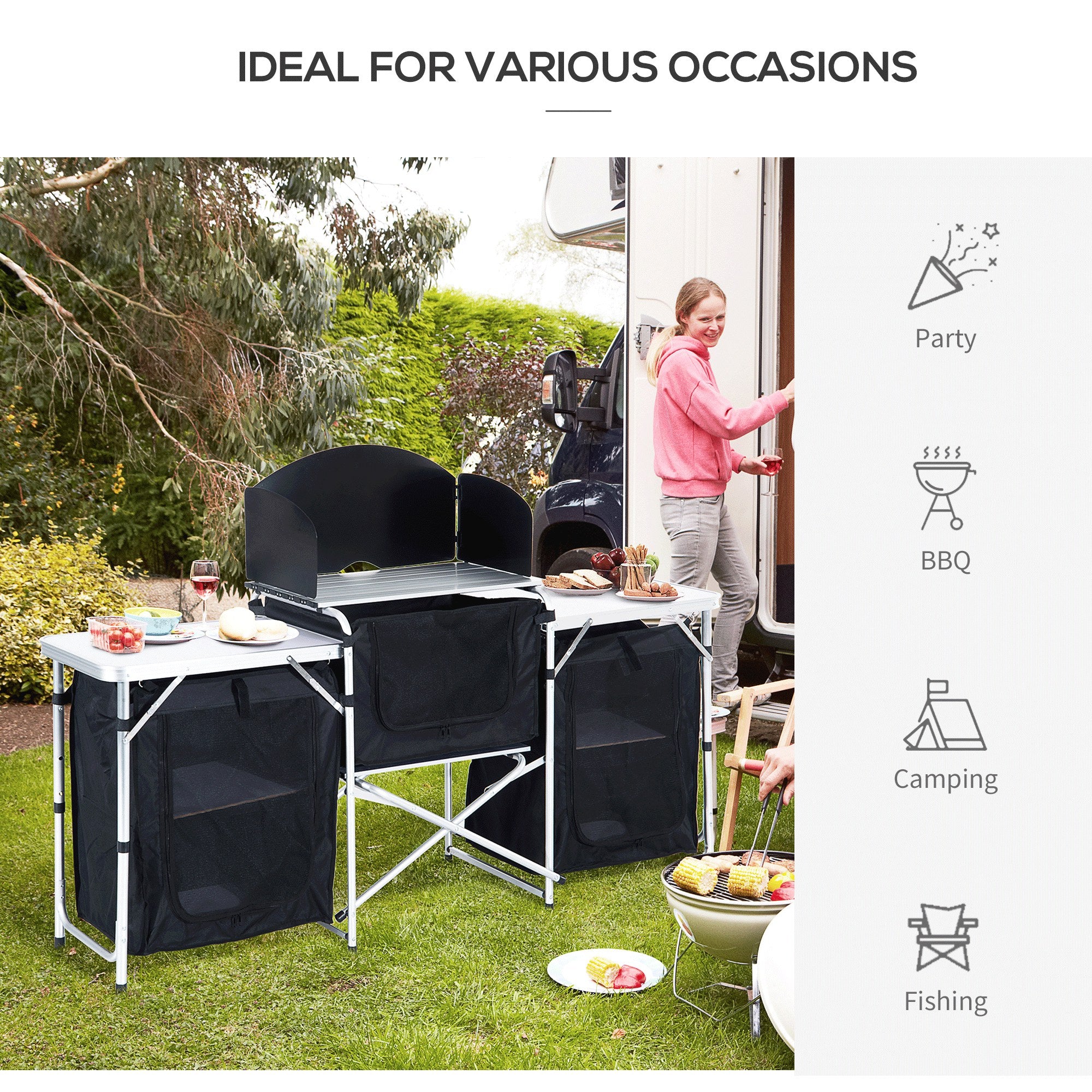 Portable Folding Camping Kitchen Table with Storage and Windscreen Grey