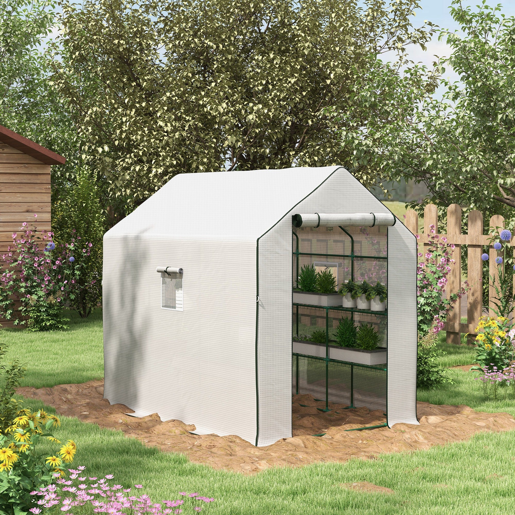 Walk-in Greenhouse w/ 3 Tier Shelves, Green House Garden Grow House w/ PE Cover, Roll-up Door, Mesh Windows, 140 x 213 x 190cm, White