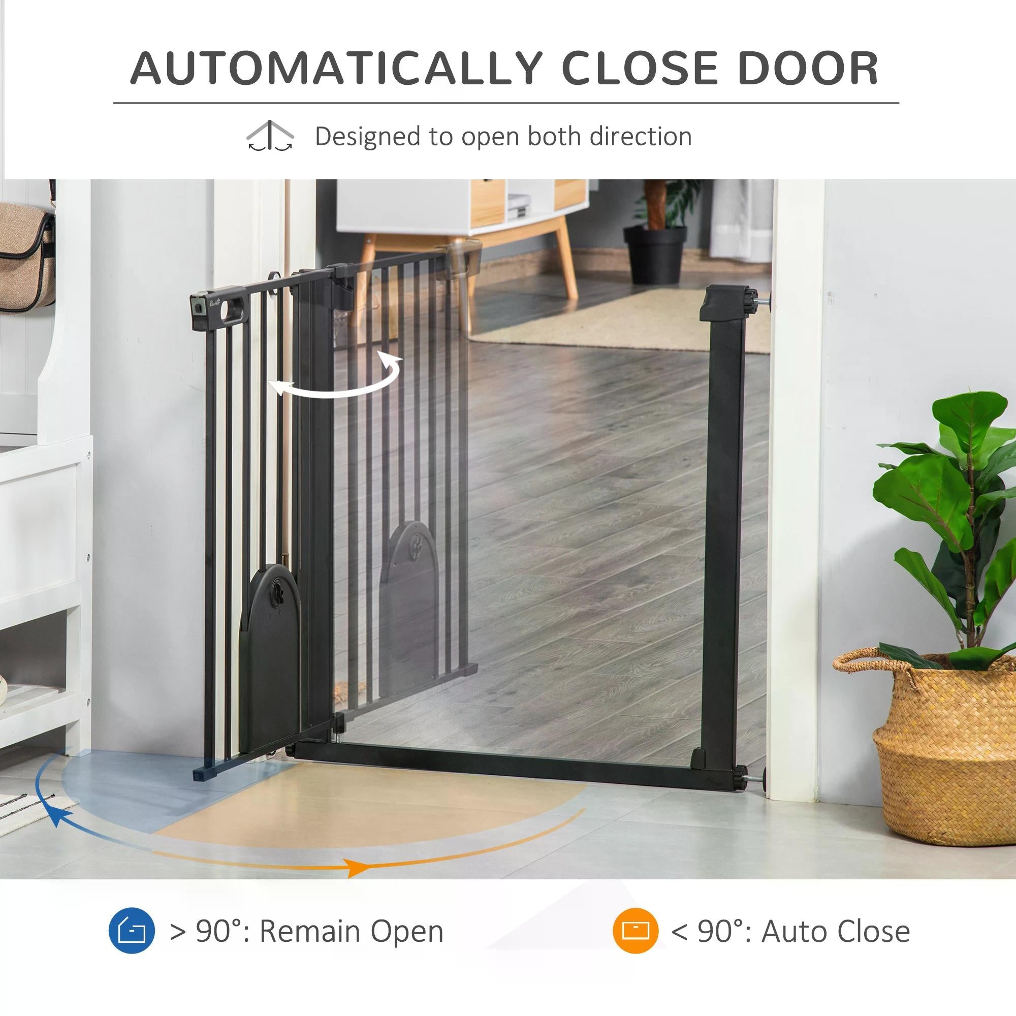 75-82 cm Pet Safety Gate Barrier, Stair Pressure Fit, w/ Small Door, Auto Close, Double Locking, for Doorways, Hallways, Black