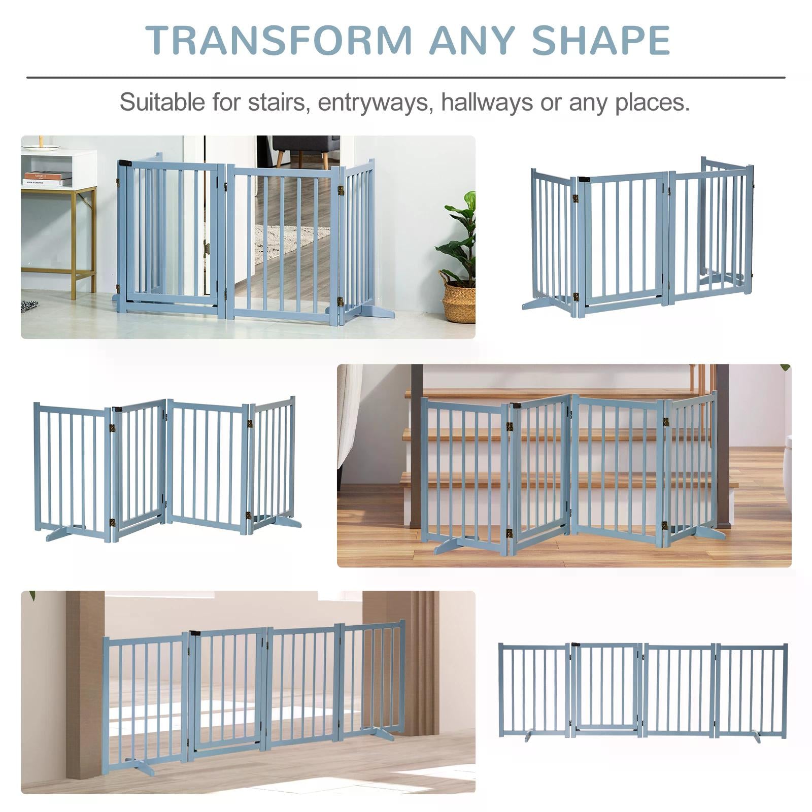 Pet Gate for Small and Medium Dogs, Freestanding Wooden Foldable Dog Safety Barrier with 4 Panels, 2 Support Feet for Doorways, Stairs, Blue