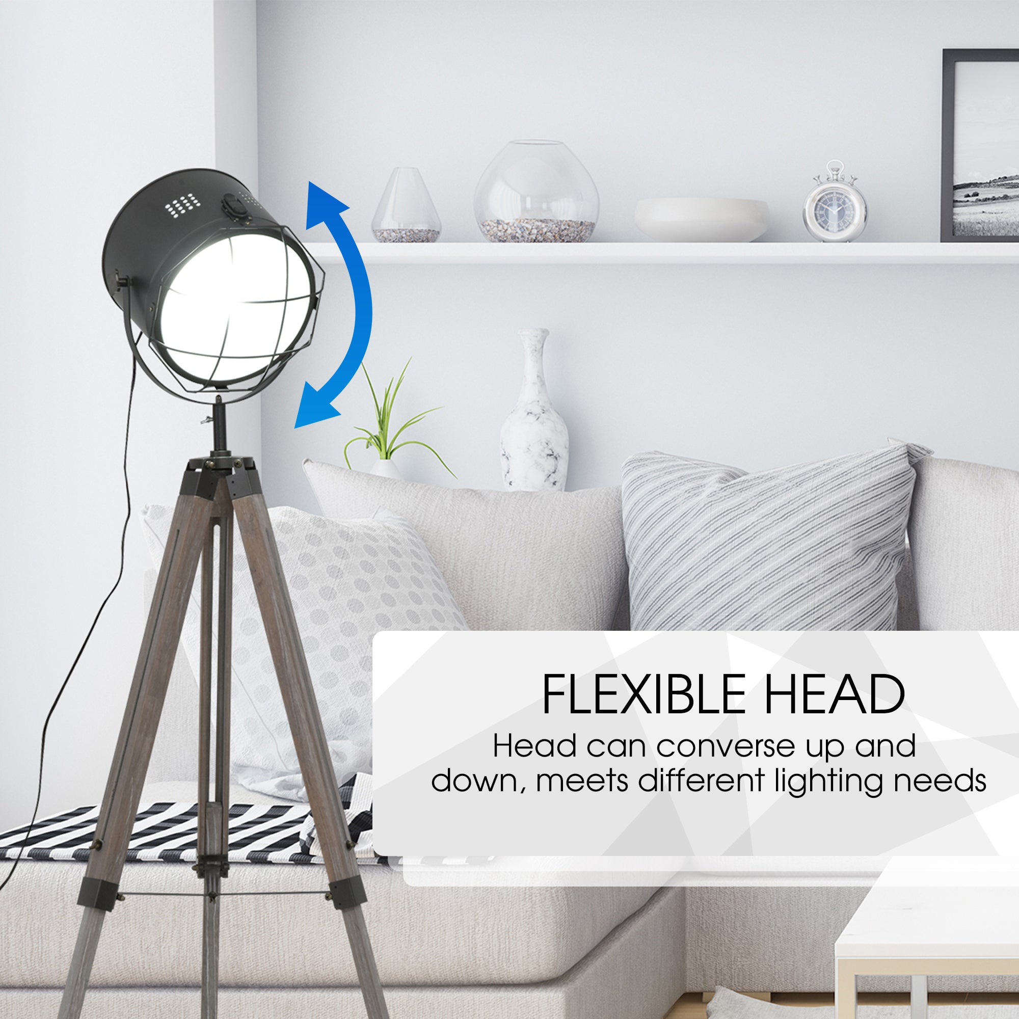 Industrial Tripod Floor Lamp with Vintage Spotlight and Wooden Legs E27 Base - Grey