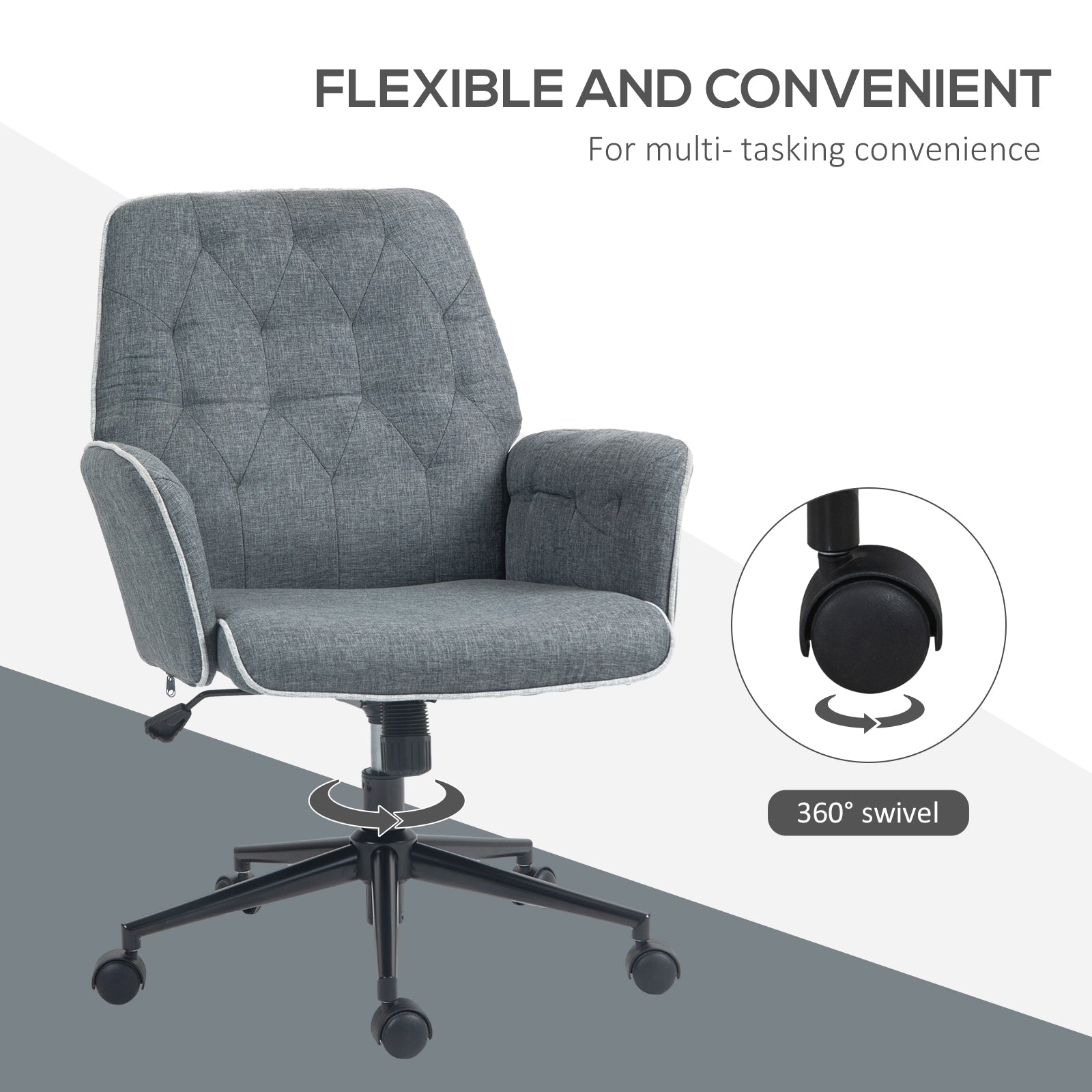 Linen Computer Chair with Armrest, Modern Swivel Chair with Adjustable Height, Dark Grey