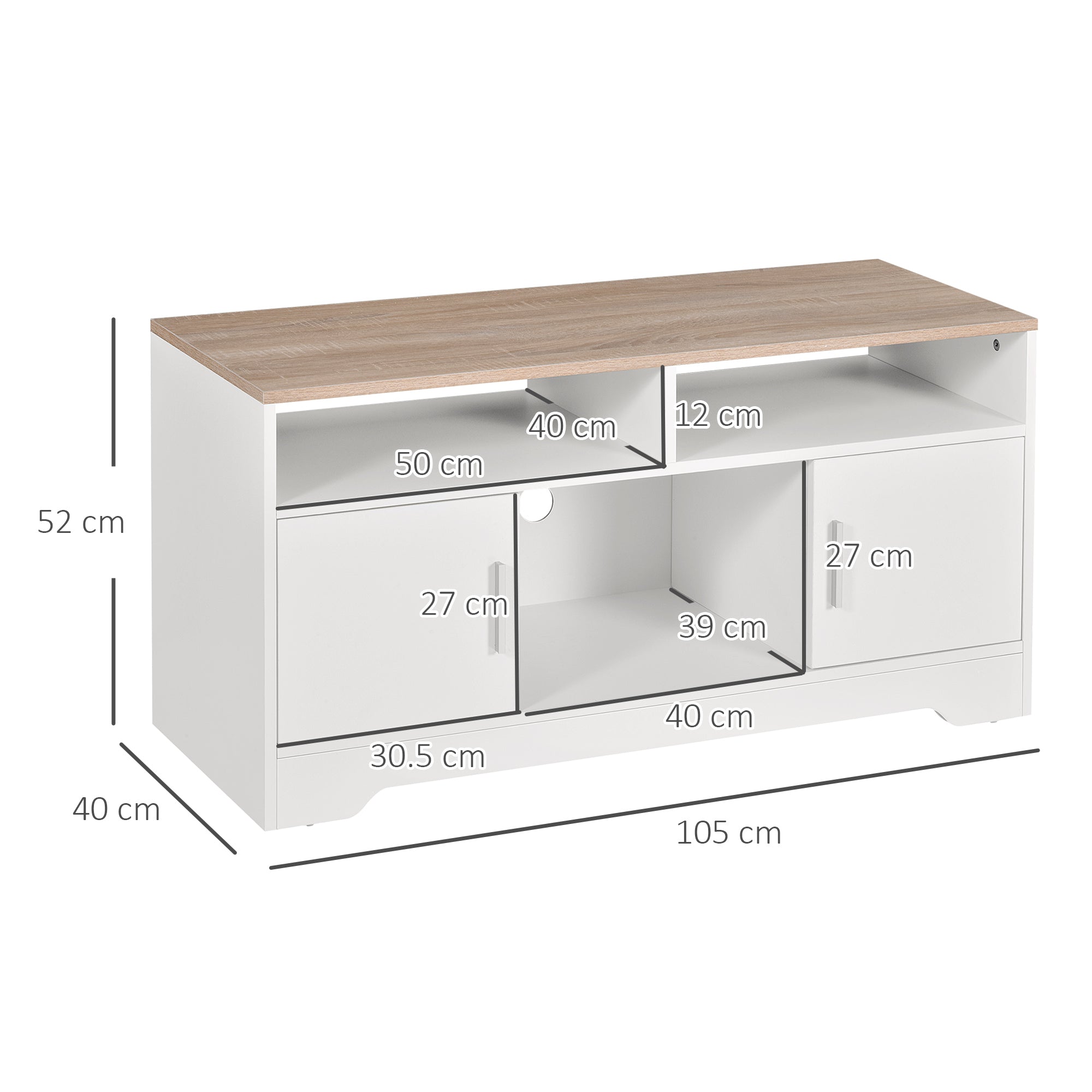 TV Stand for TVs up to 42 Inches with Cabinets, Shelves & Wide Tabletop - White & Wood Color