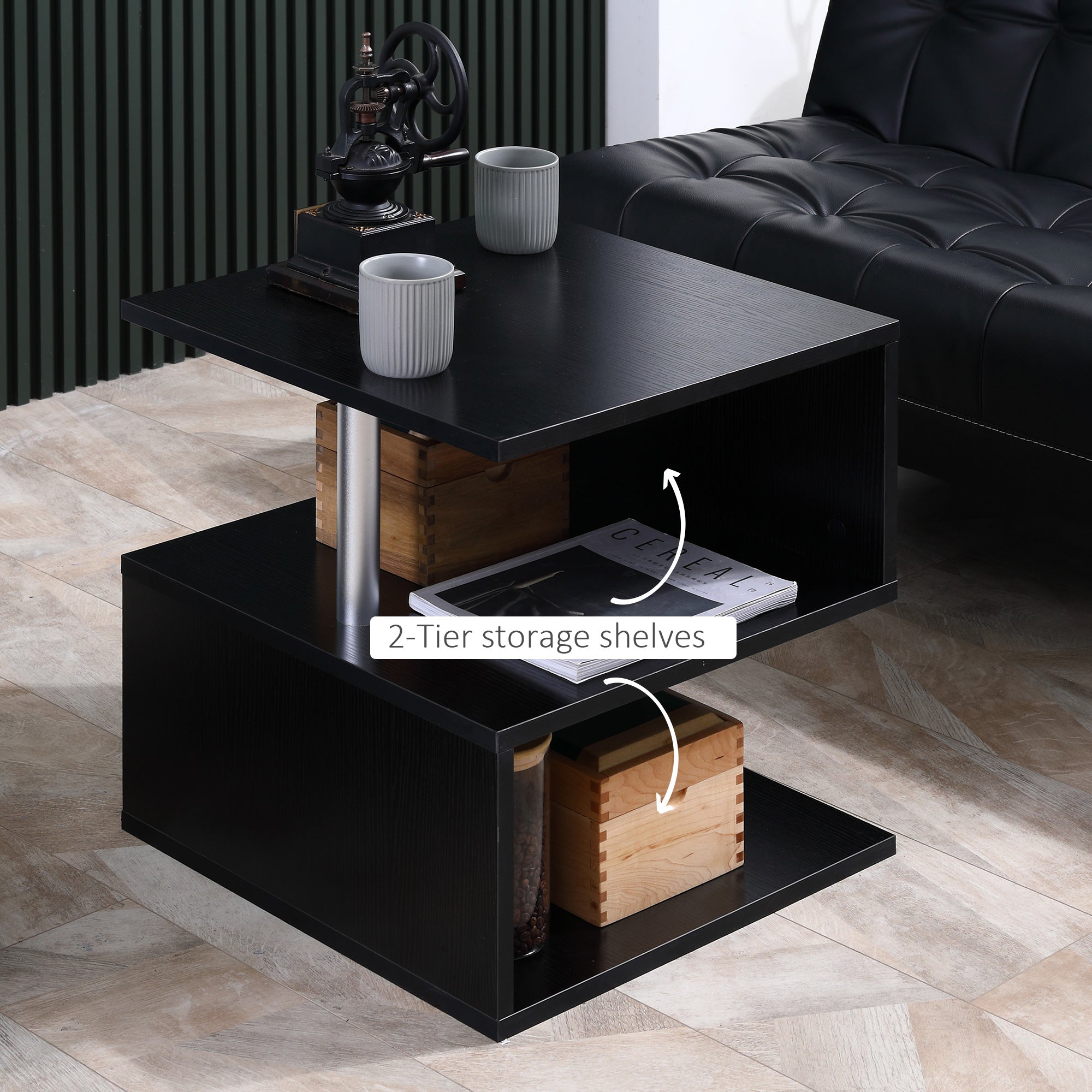 Coffee End Table S shape 2 Tier Storage Shelves Organizer Versatile Home office furniture (Black)