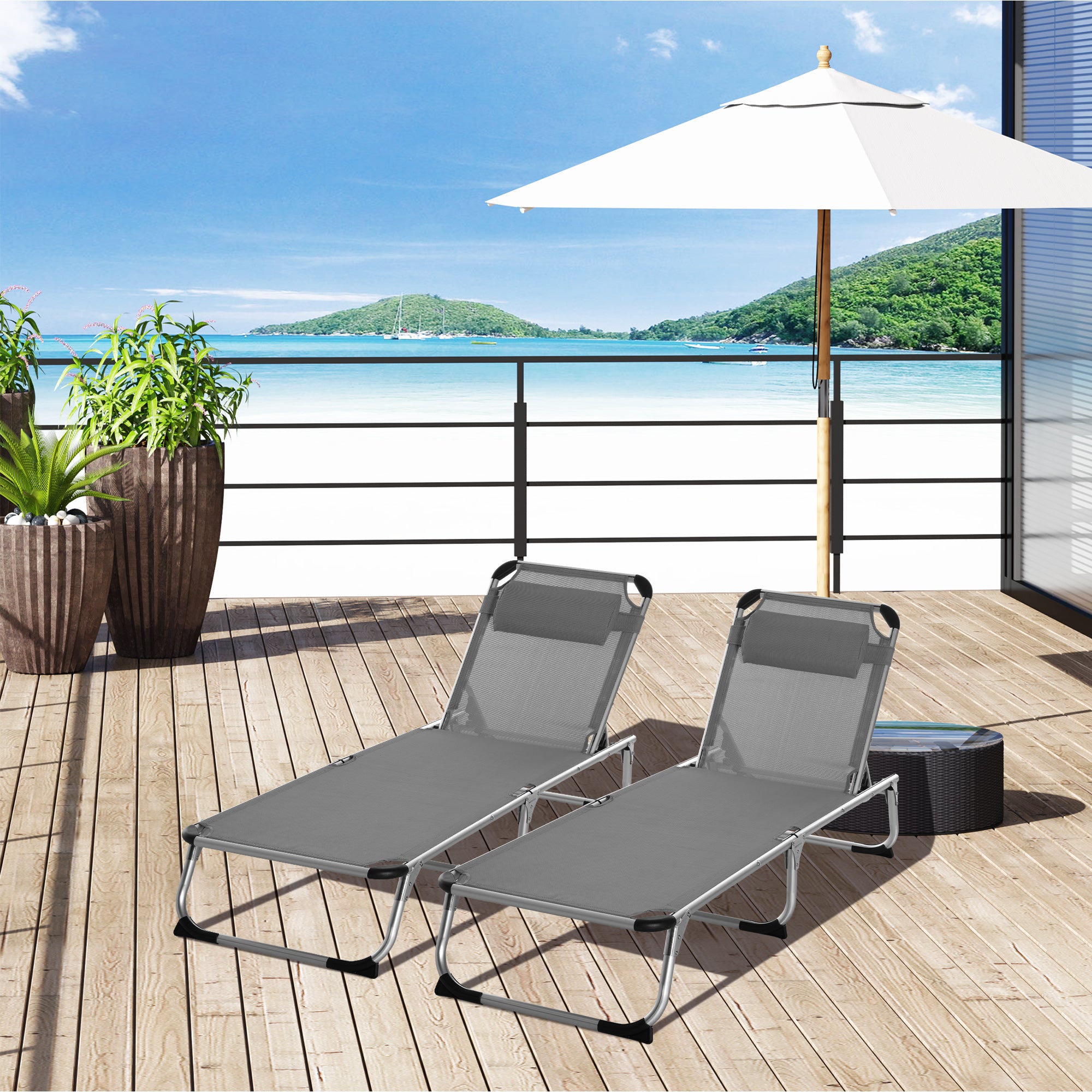 2 Pieces Foldable Sun Lounger with Pillow, 5-Level Adjustable Reclining Lounge Chair, Aluminium Frame Camping Bed Cot, Grey