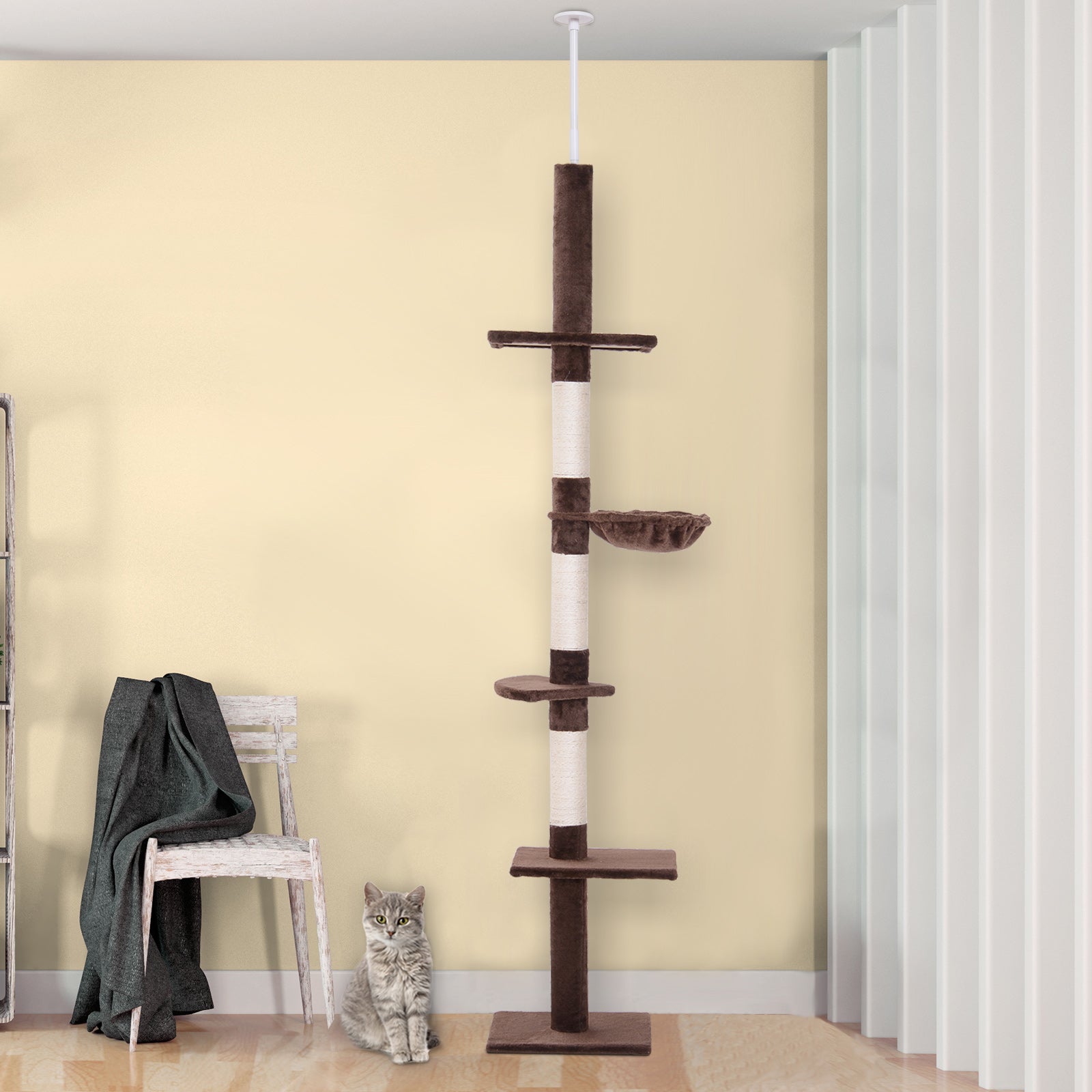 5-Tier Floor to Ceiling Cat Tree, Tall Kitty Tower Climbing Activity Center Scratching Post Adjustable Height 230-260cm, Brown