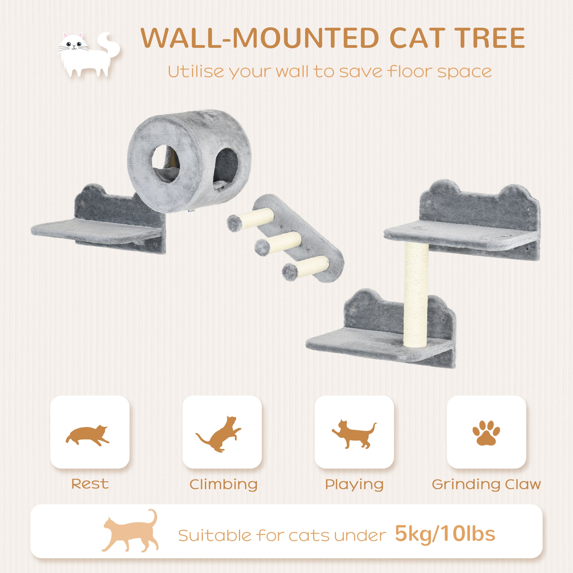 4PCs Wall Mounted Cat Tree Cat Wall Furniture with Platforms, Steps, Scratching Post, Perch, Cat Condo for Indoor Cat - Grey