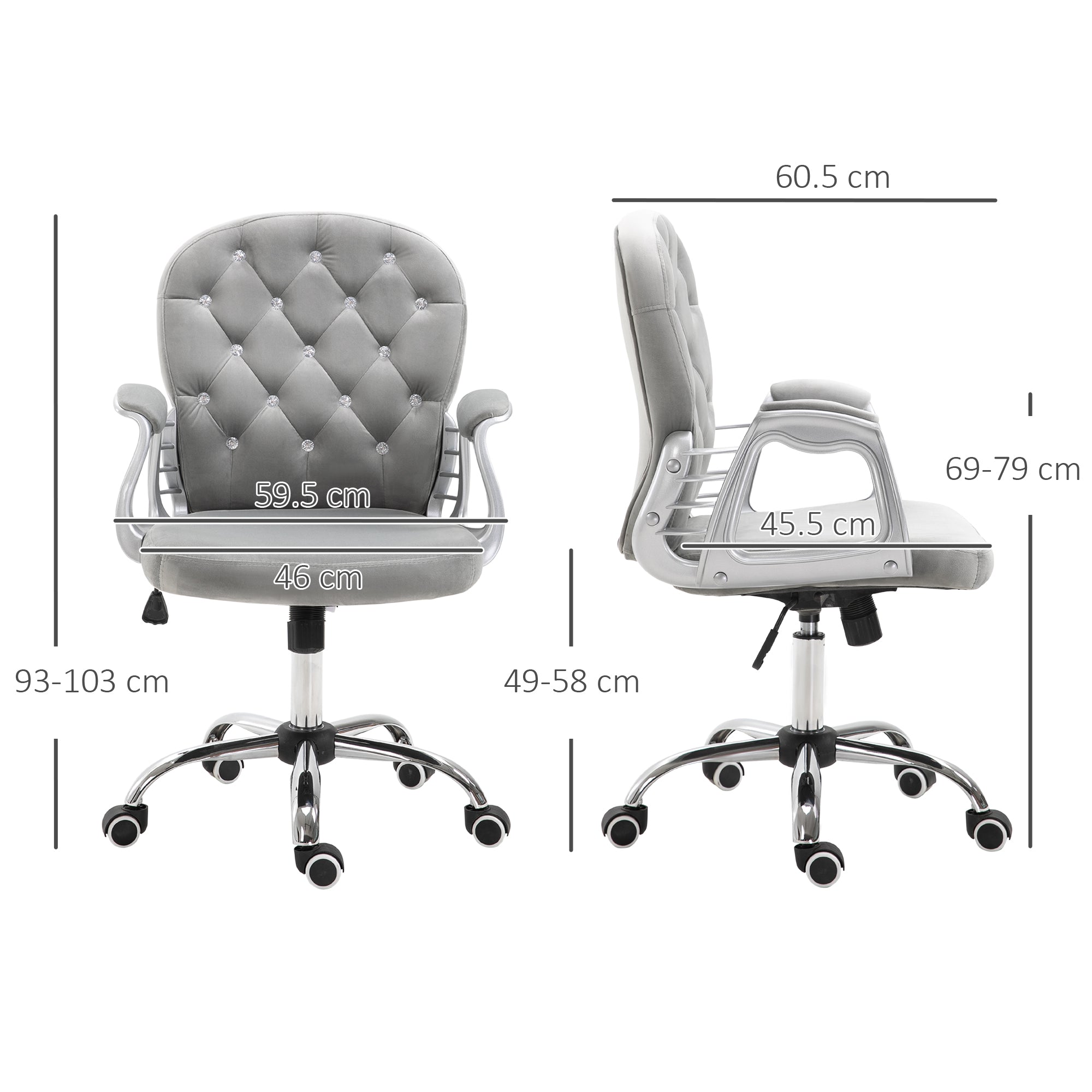 Office Chair Ergonomic 360° Swivel Diamond Tufted Home Work Velour Padded Base 5 Castor Wheels Grey