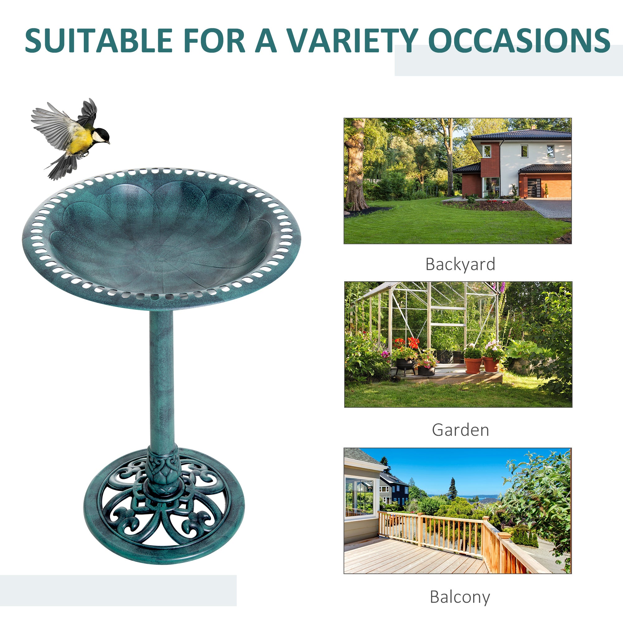Garden Bird Bath Outdoor Decorative Feeder Stand with Scallop Pattern 50cm - Green