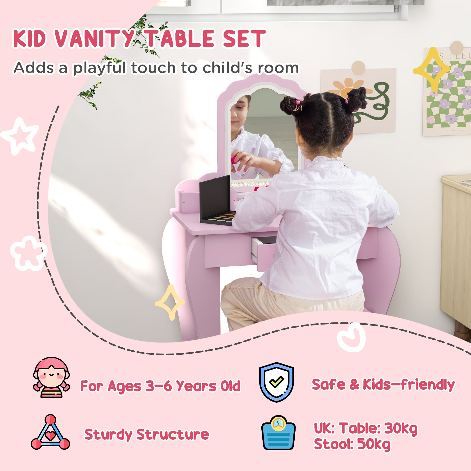 Kids Vanity Table with Mirror and Stool, Cloud Design, Drawer, Storage Boxes, for 3-6 Years Old - Pink