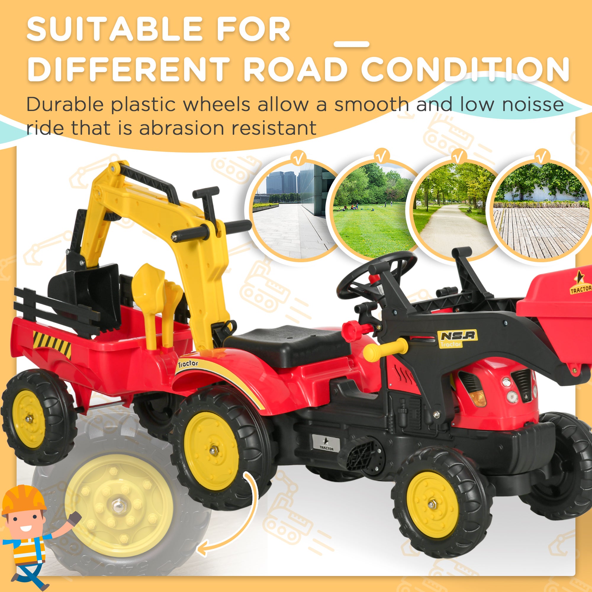 Kids Controllable Excavator Plastic Ride On Pedal Truck Red/Yellow