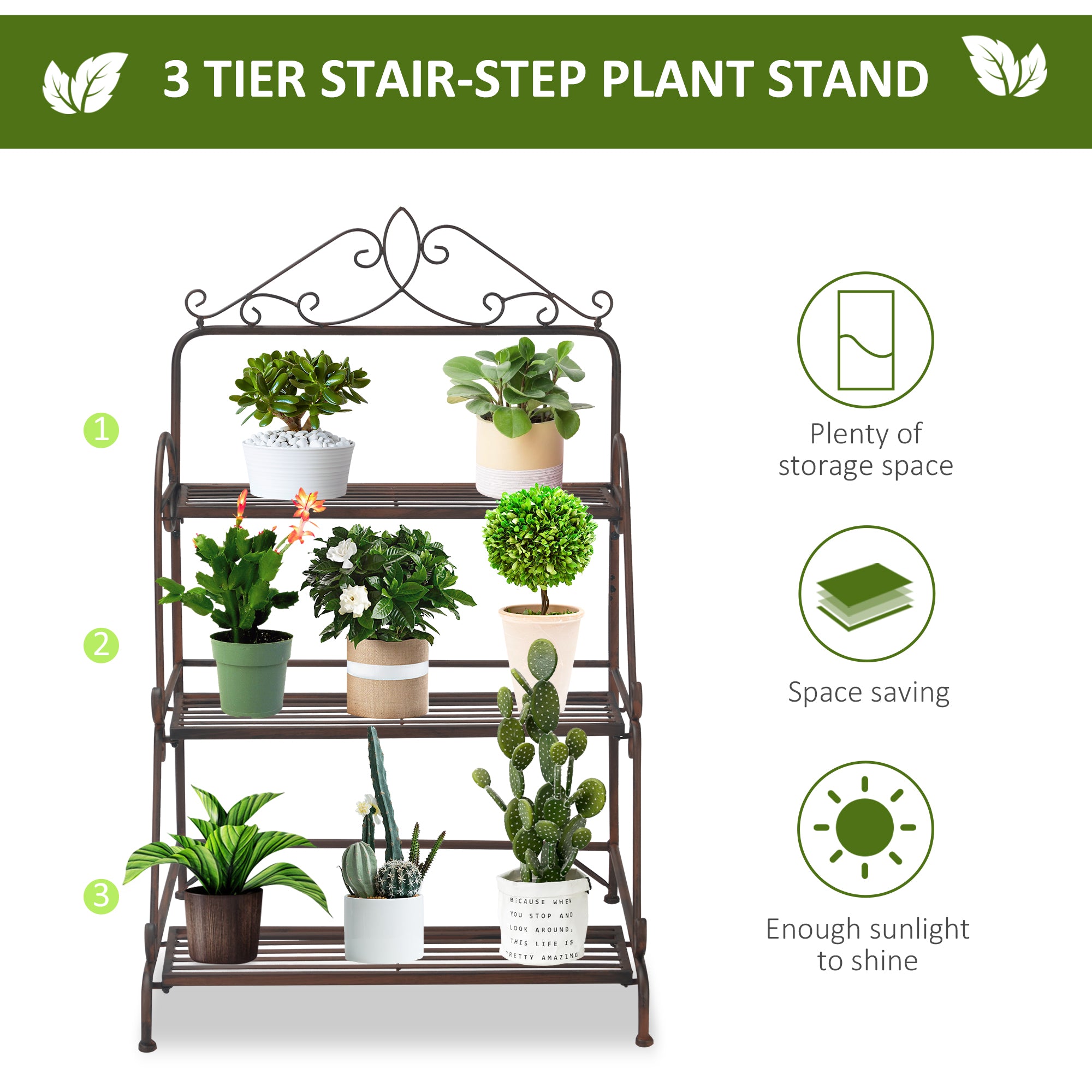 3 Tier Stair Style Metal Plant Stand, Flower Pot Holder Display Shelf, Storage Organizer Rack for Indoor Outdoor Patio Balcony Yard