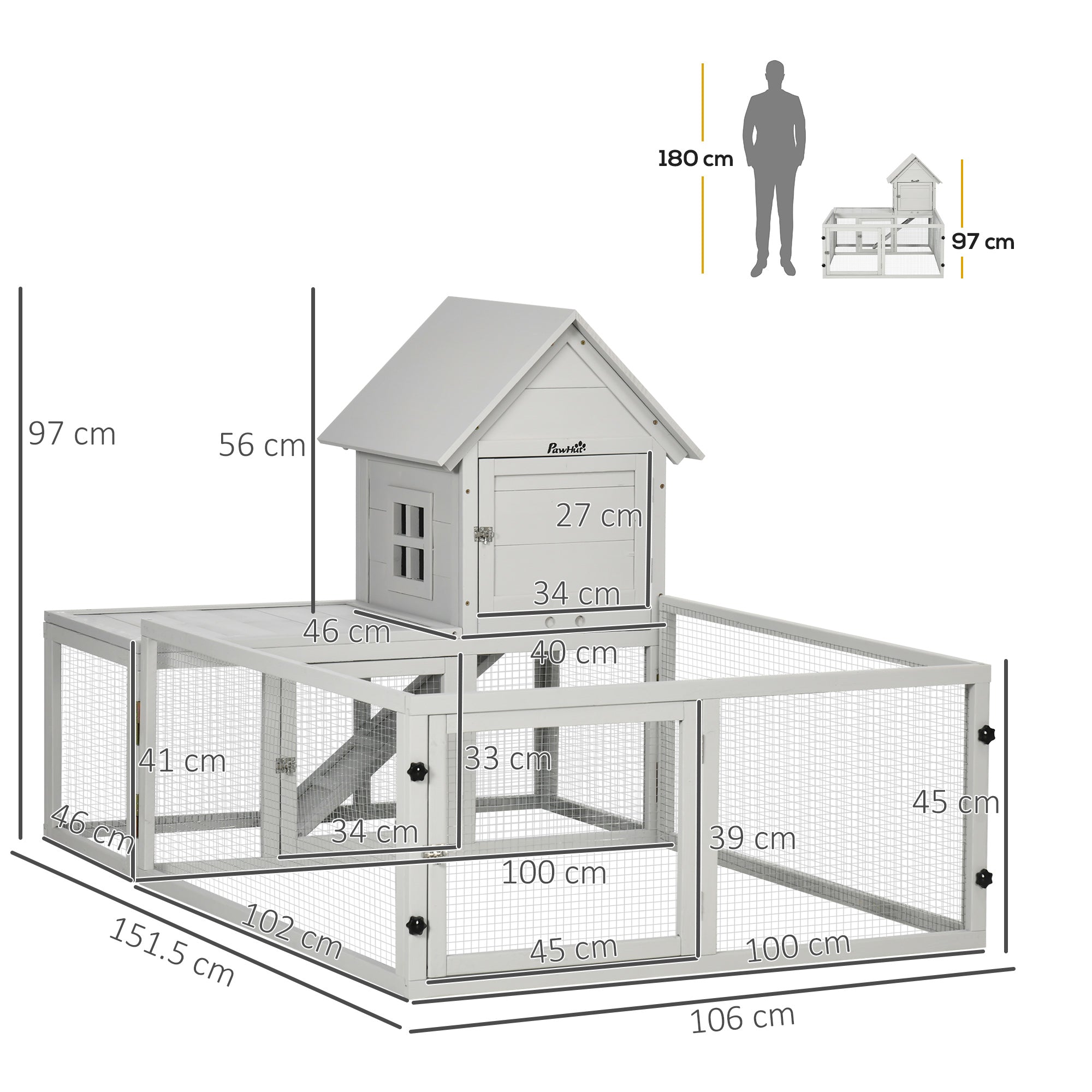 Wooden Rabbit Hutch with Extra Fenced Area, Large Guinea Pig Cage, Small Animal House for Indoor with Slide-out Tray, Light Grey