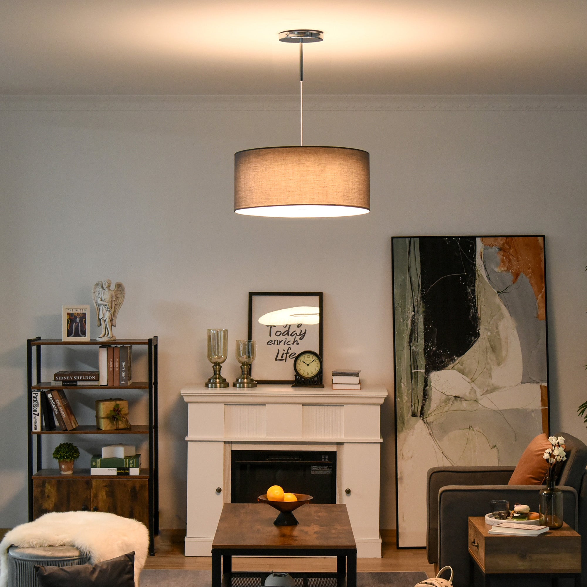 Modern LED Pendant Light Chandelier with Three Lighting Modes Metal Round Base for Living Room, Bedroom, Office, Entrance, Grey, 59 x 59 x 44cm