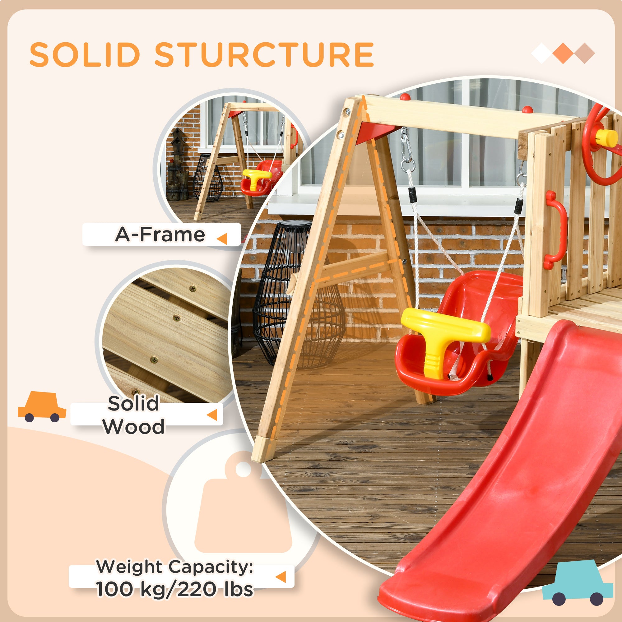 Wooden Swing and Slide Set for Toddler 18-48 Months, Outdoor Use - Red and Brown