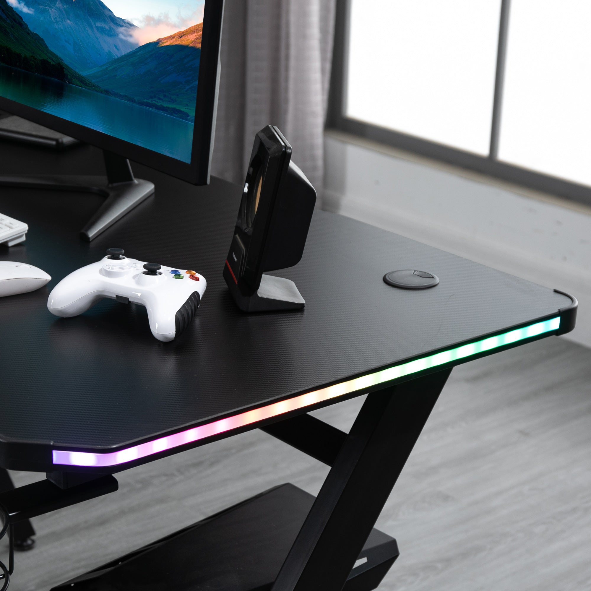 Gaming Desk Racing Style Home Office Ergonomic Computer Table Workstation with RGB LED Lights, Black