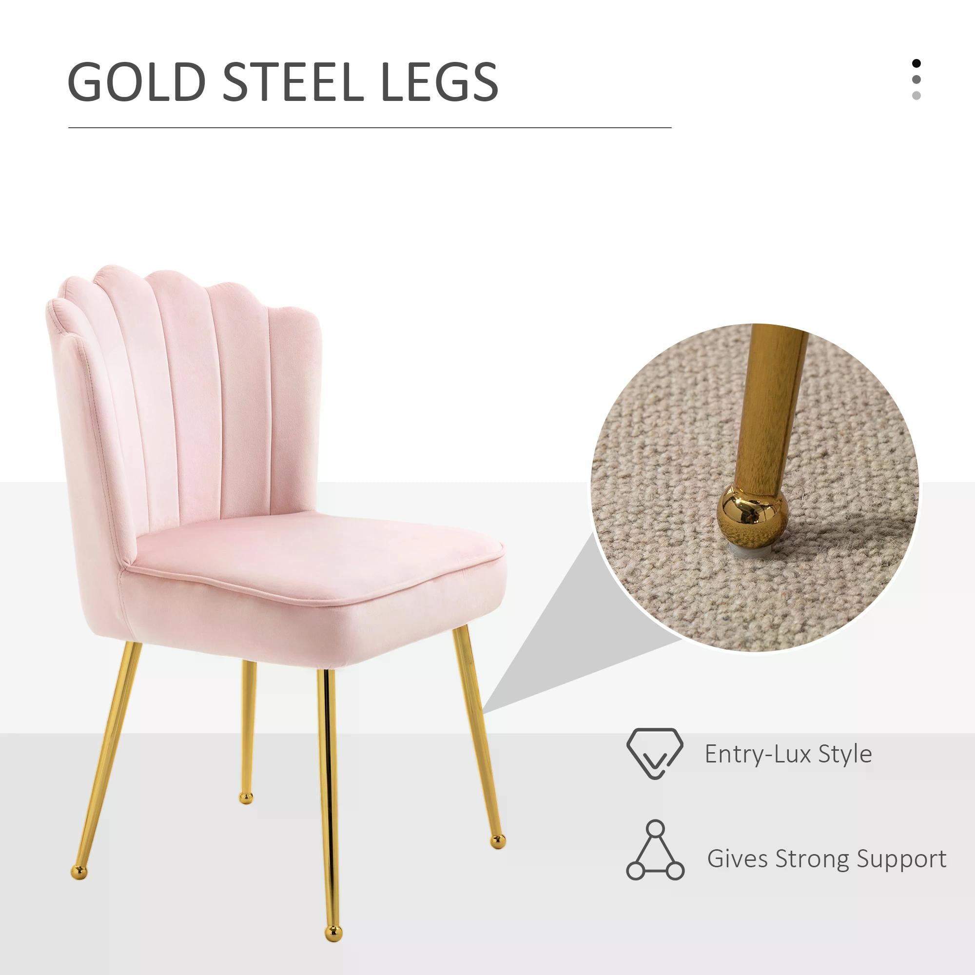 Velvet-Feel Shell Luxe Accent Chair, Glam Vanity Chair Makeup Seat, Home Bedroom Lounge with Metal Legs Comfort Padding, Pink